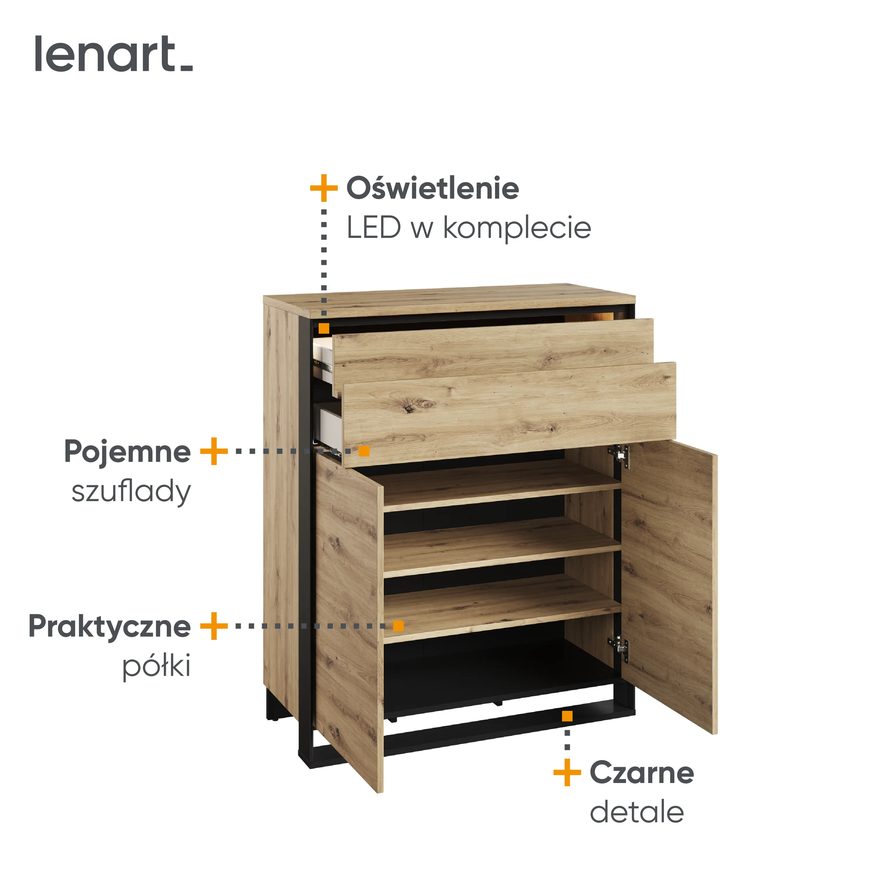 Komoda LED Quant QG-02 92cm dąb artisan/czarna - QG2DAC