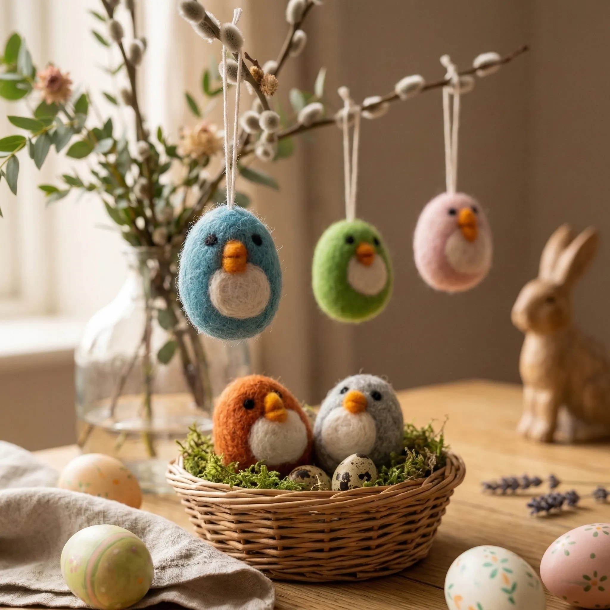 felting birds, dekoracje wielkanocne, zawieszki, koszyk z mchem, pluszowe ptaki