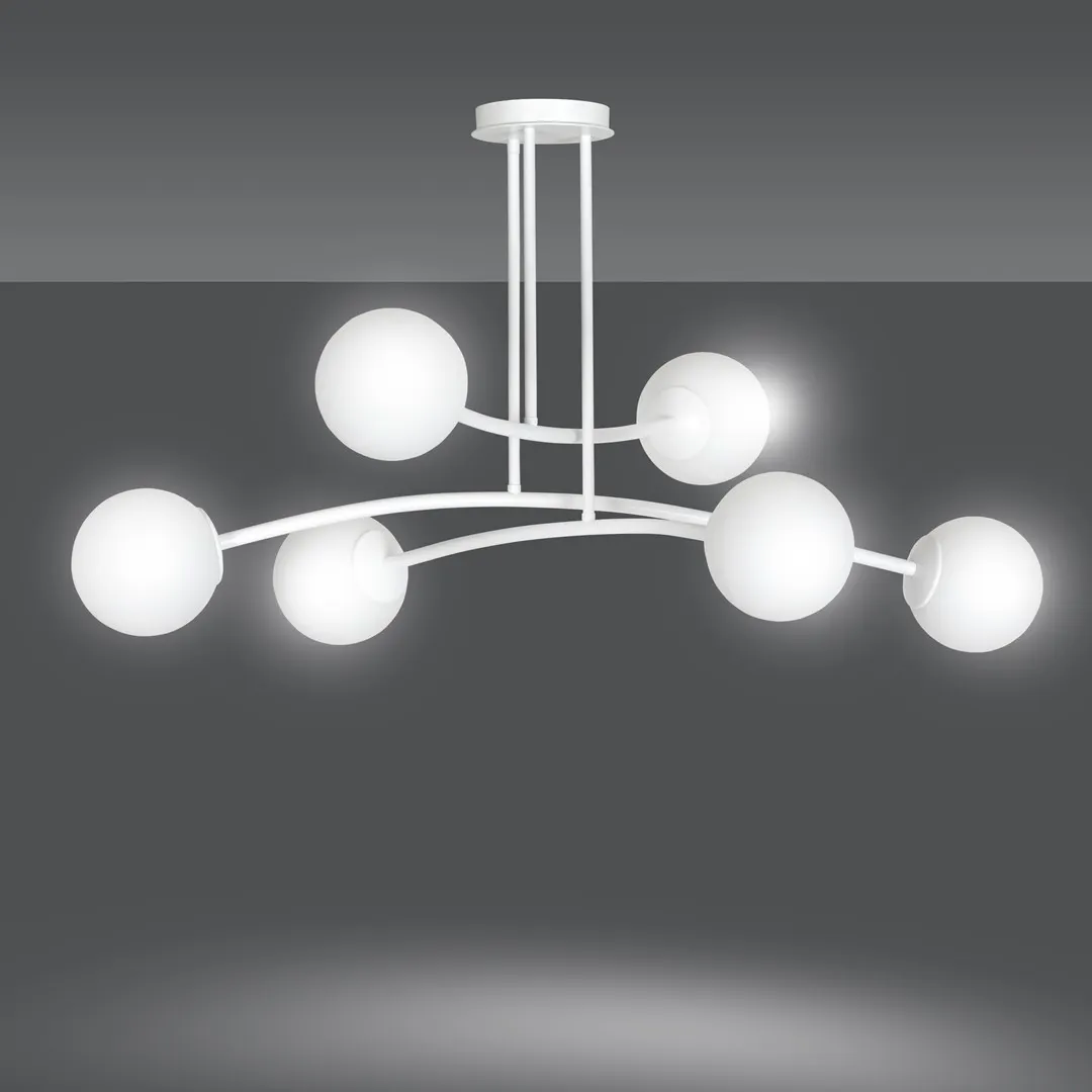 lampa sufitowa, rozety, kule LED, białe wykończenie, nowoczesny design
