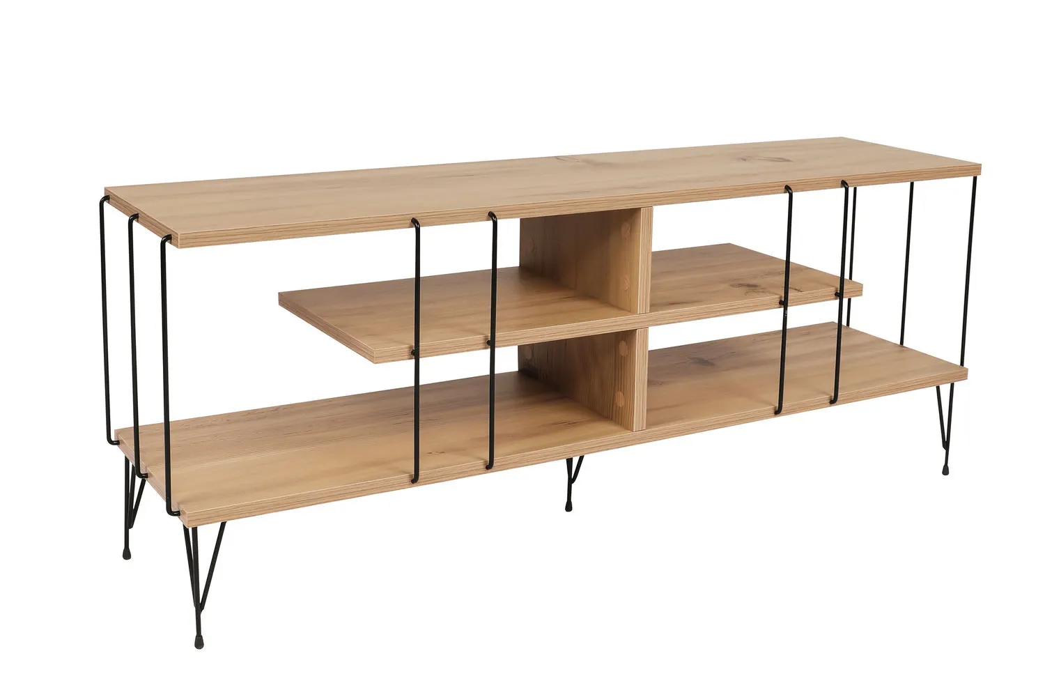 Stolik RTV drewniana z półkami EZE 120 cm dąb naturalny czarny stelaż Meble, Kredens, Tabela, Stolik kawowy, Półka