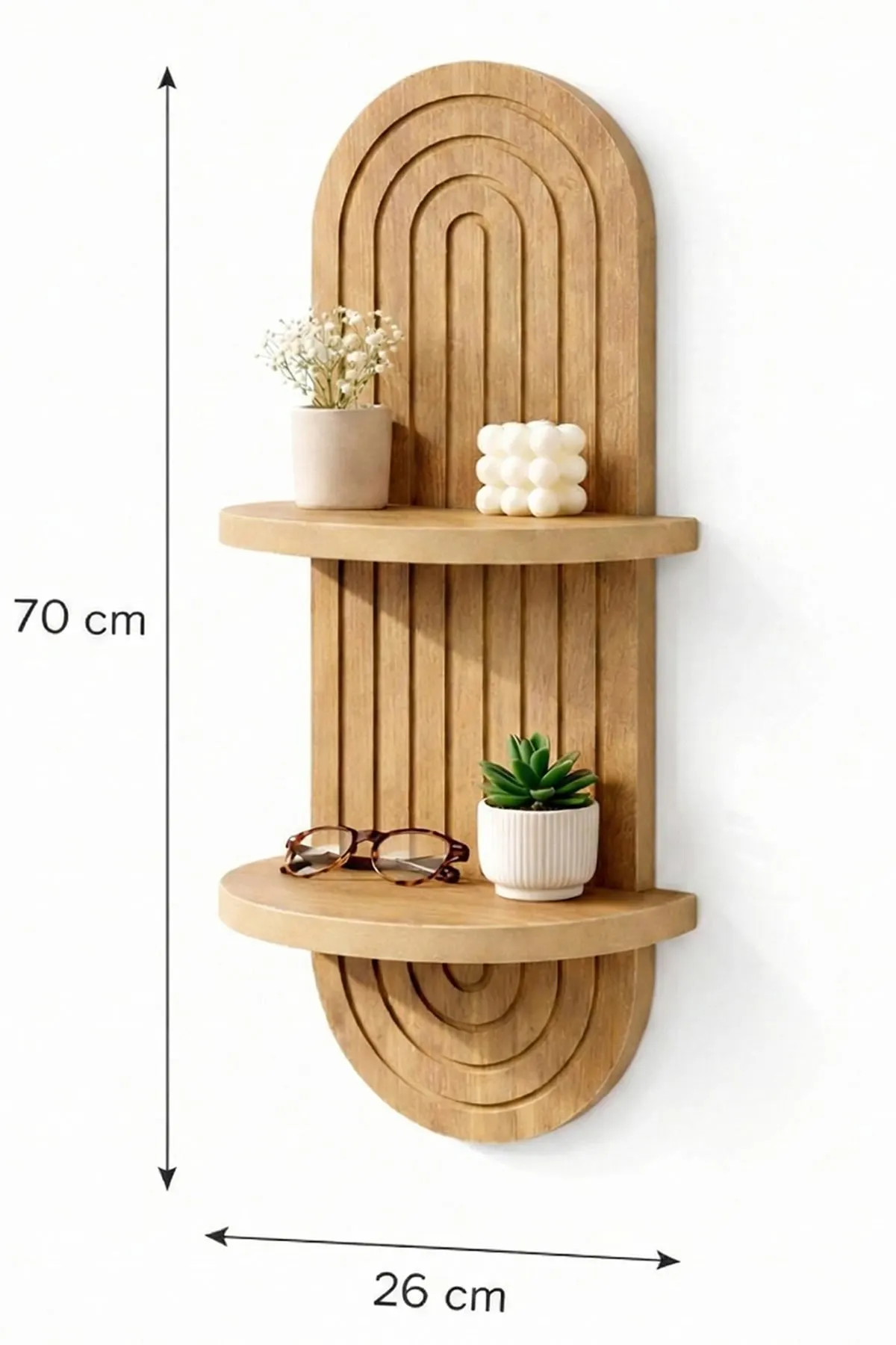 regał wiszący, drewniany, półka ścienna, oświetlenie naturalne, organiczny styl
