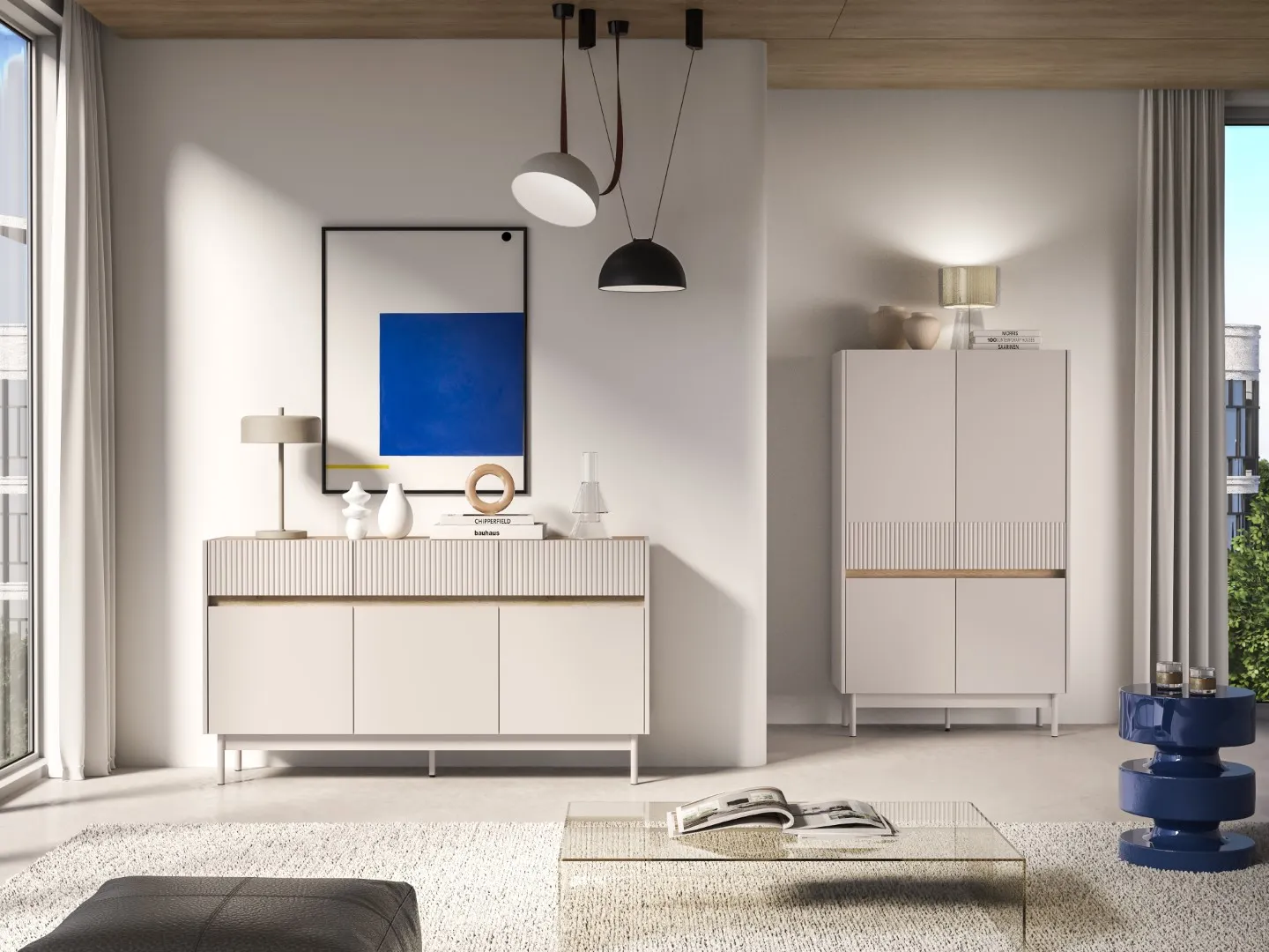 Komoda 3-drzwiowa z szufladami DUNEA 154x85 ryflowana kaszmir - dąb cremona — zdjęcie 8