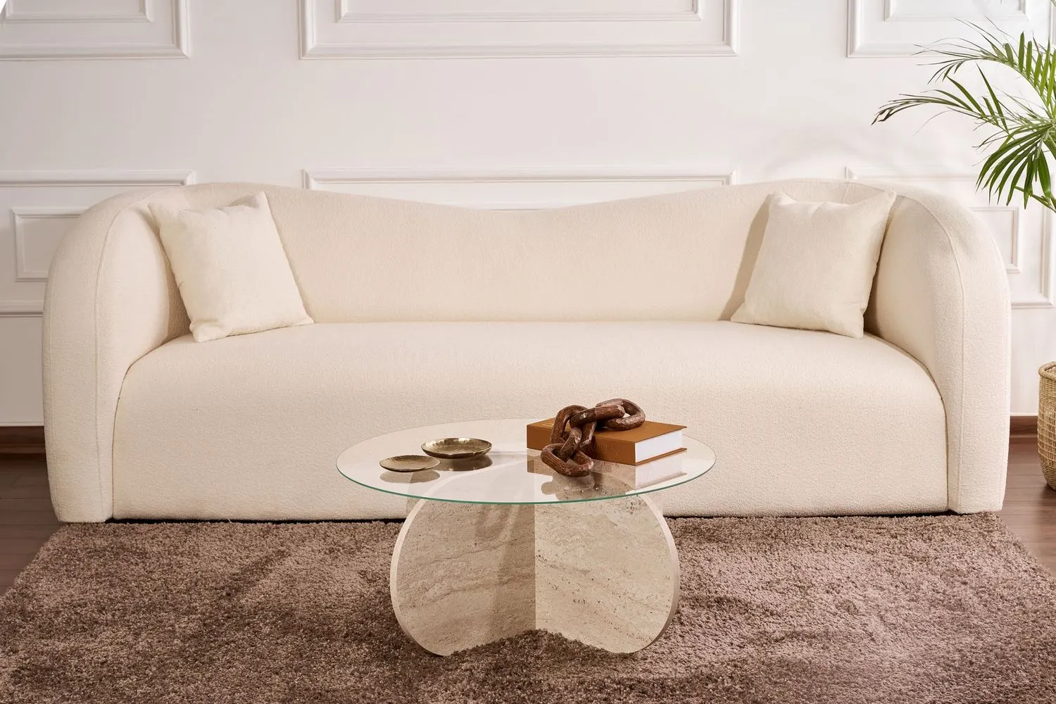 Stolik kawowy okrągły AERIS 75 cm trawertynowy szklany blat transparentny - ASI_668NRD1106