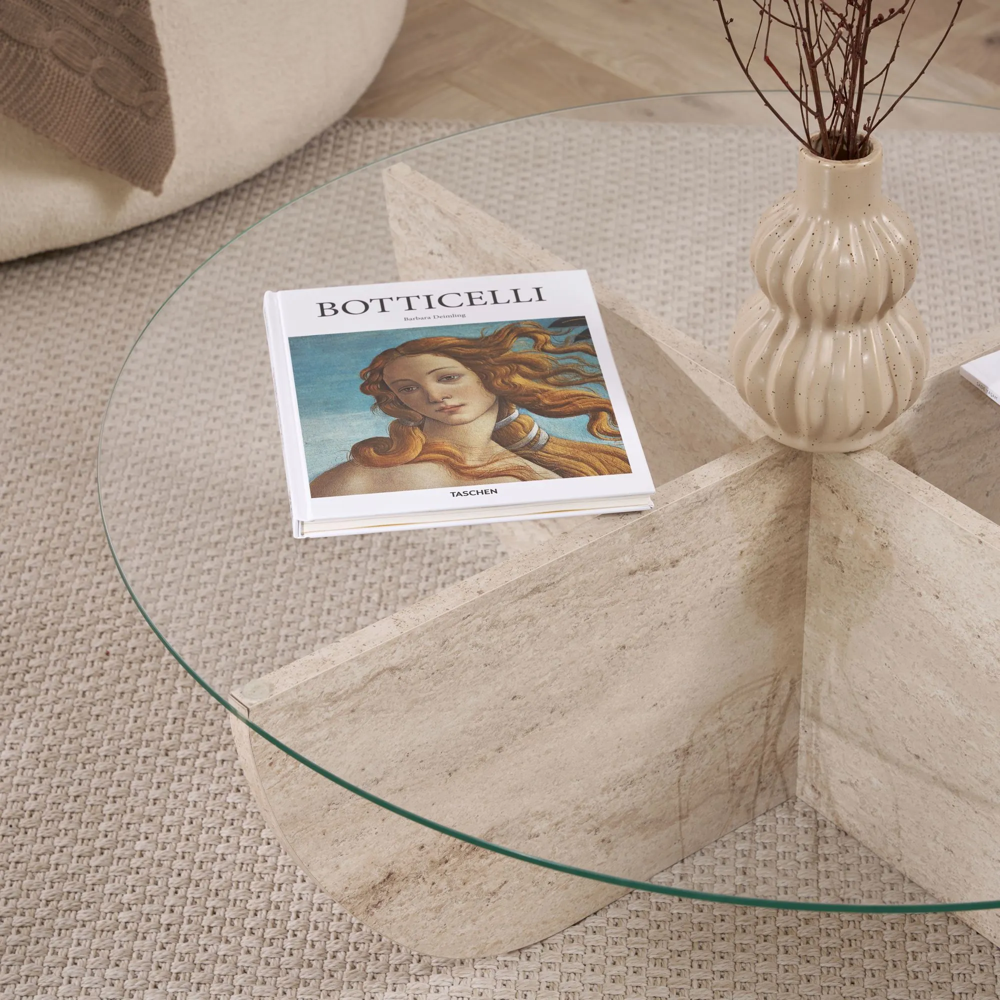 Stolik kawowy okrągły LIYA fi90 transparentny trawertynowy - ASI_668NRD1125