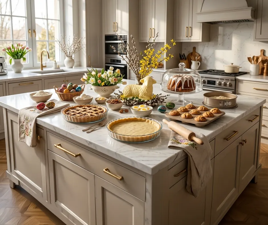 kuchnia, stół wyspowy, ciasta, piekarnia domowa, marble wyspa