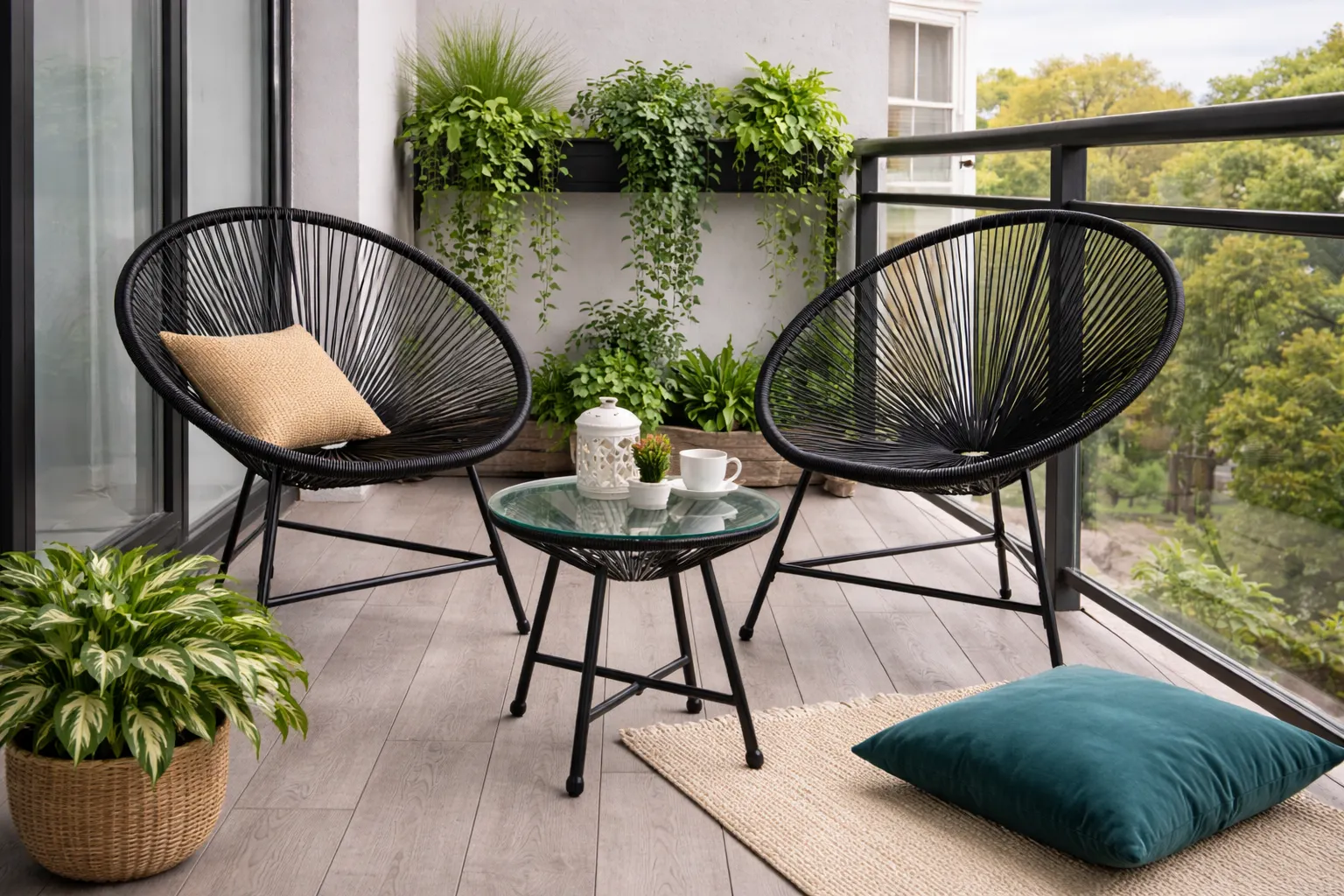 balcony, meble ogrodowe, krzesła z wikliny, stolik ze szkłem, rośliny doniczkowe