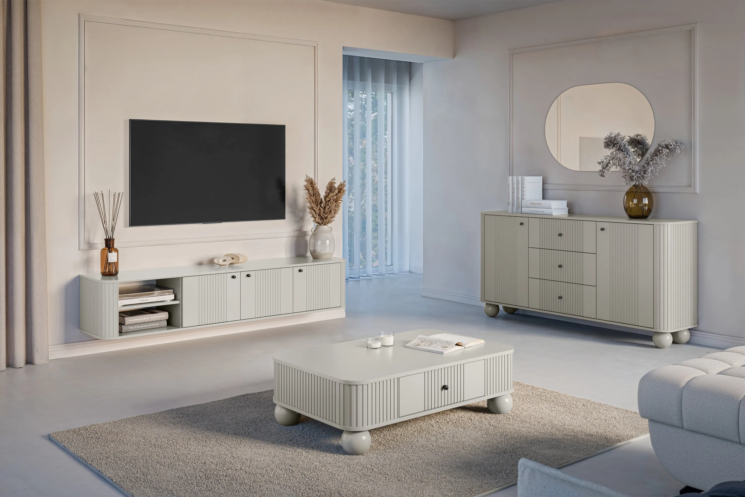 Szafka RTV wisząca 3-drzwiowa VESPER RTV 187 ryflowany front cashmere czarne uchwyty - B_163668