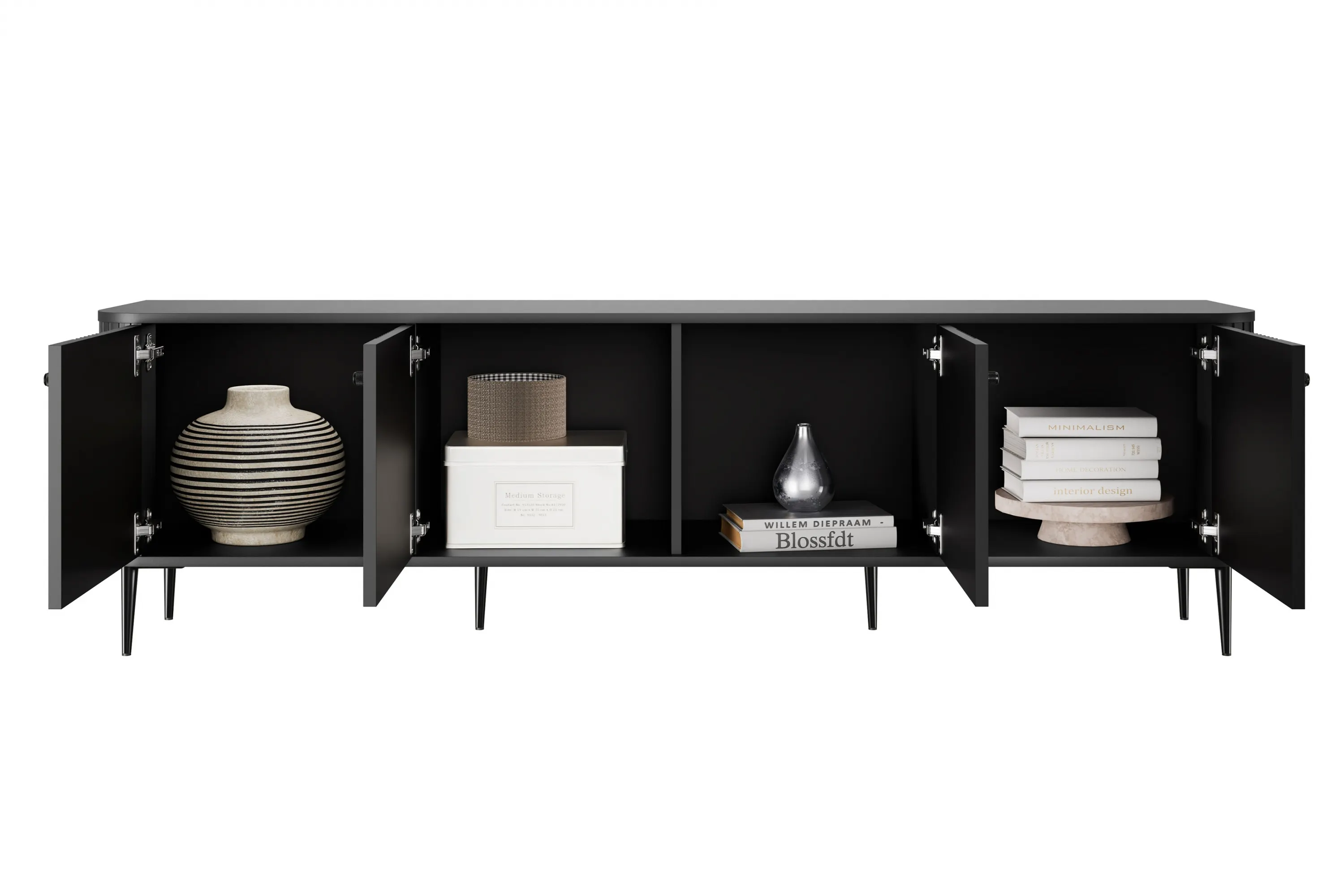 Szafka RTV 4-drzwiowa VESPER RTV 187 ryflowany front czarna czarne nogi - B_163769