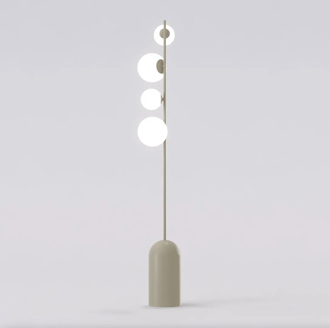 image lampa stojąca, lampa dekoracyjna, kula światła, minimalistyczna, kolor beżowy