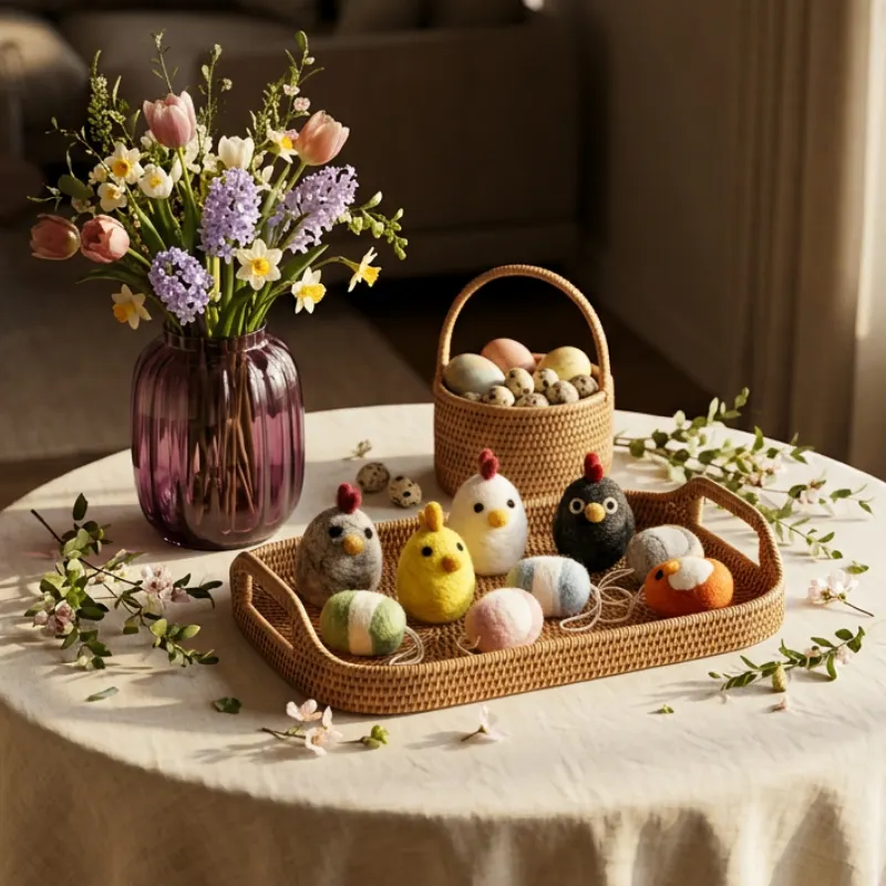 zawieszki, etui, robione z filcu, kulki z filcu, kosz na jajka