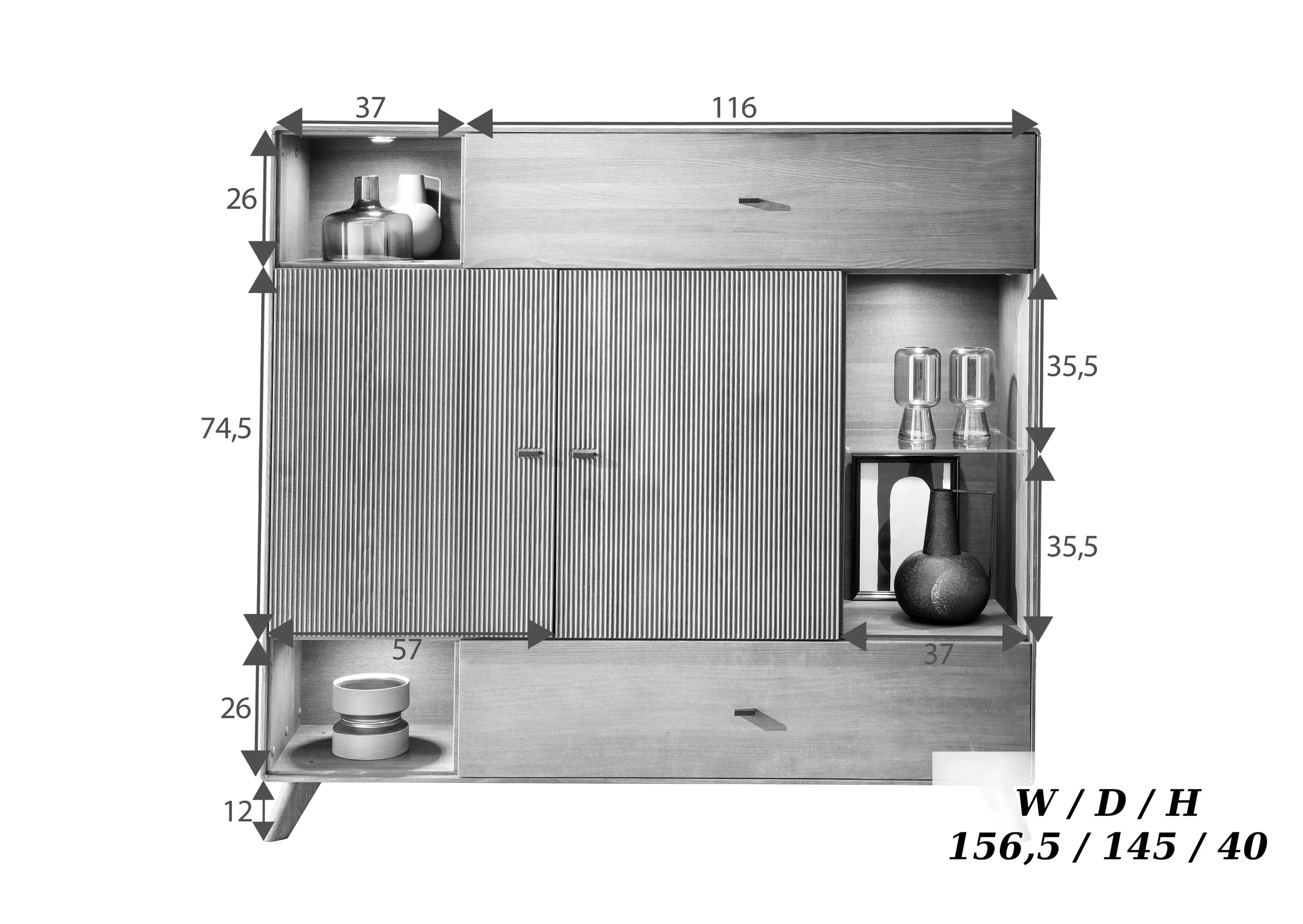 Komoda wysoka z witryną drewniana ryflowana BLISS 156x145x40 cm - GK_103624040102