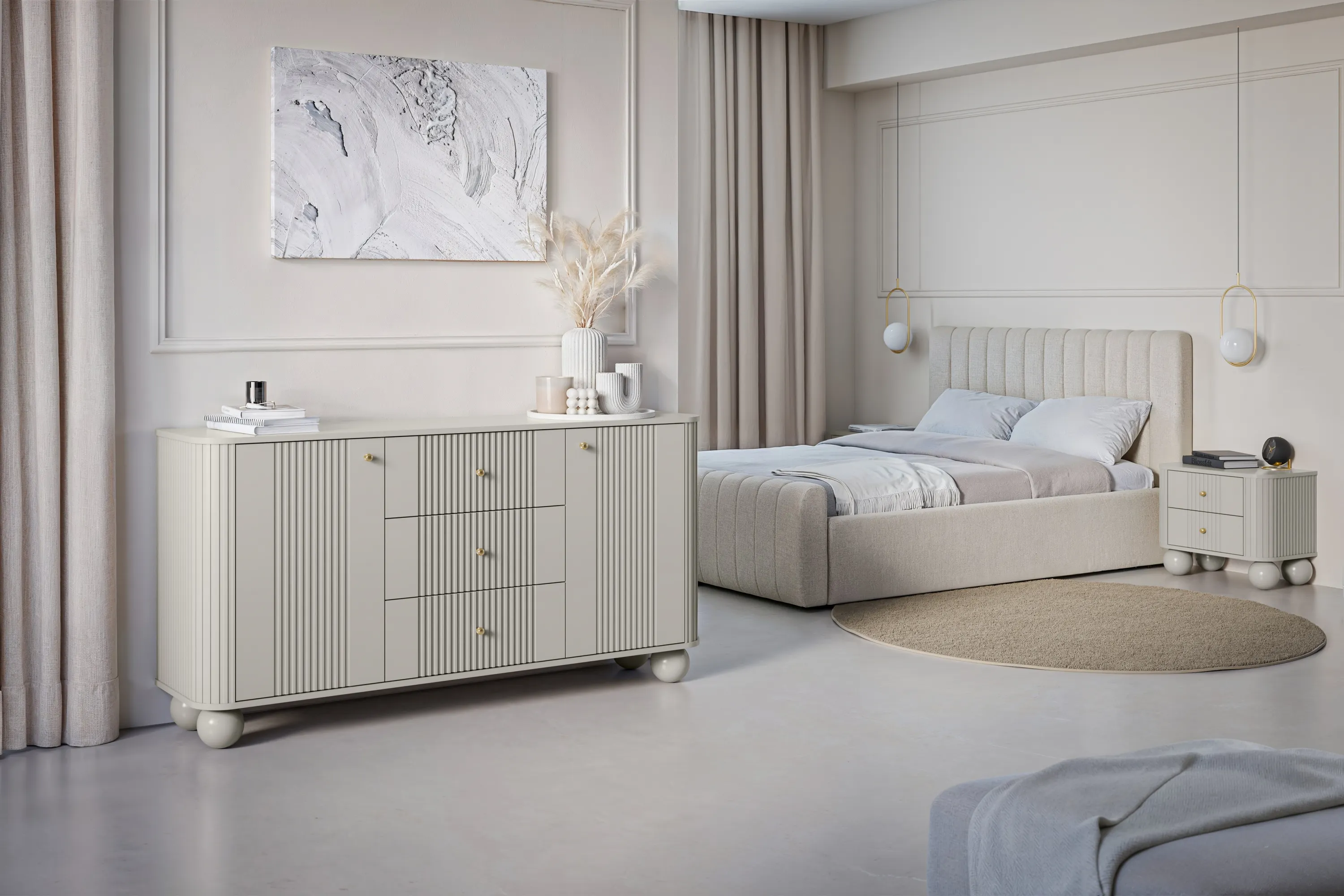 Szafka nocna z 2 szufladami VESPER 56 zestaw 2 sztuk ryflowany front cashmere złote uchwyty nogi kule - B_163828