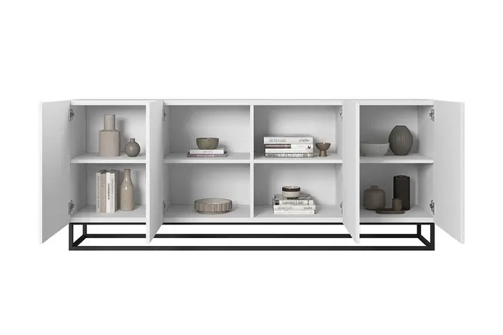 Komoda 4-drzwiowa ASHA 200 4D - biały mat - czarny stelaż - ryflowany front - B_52088