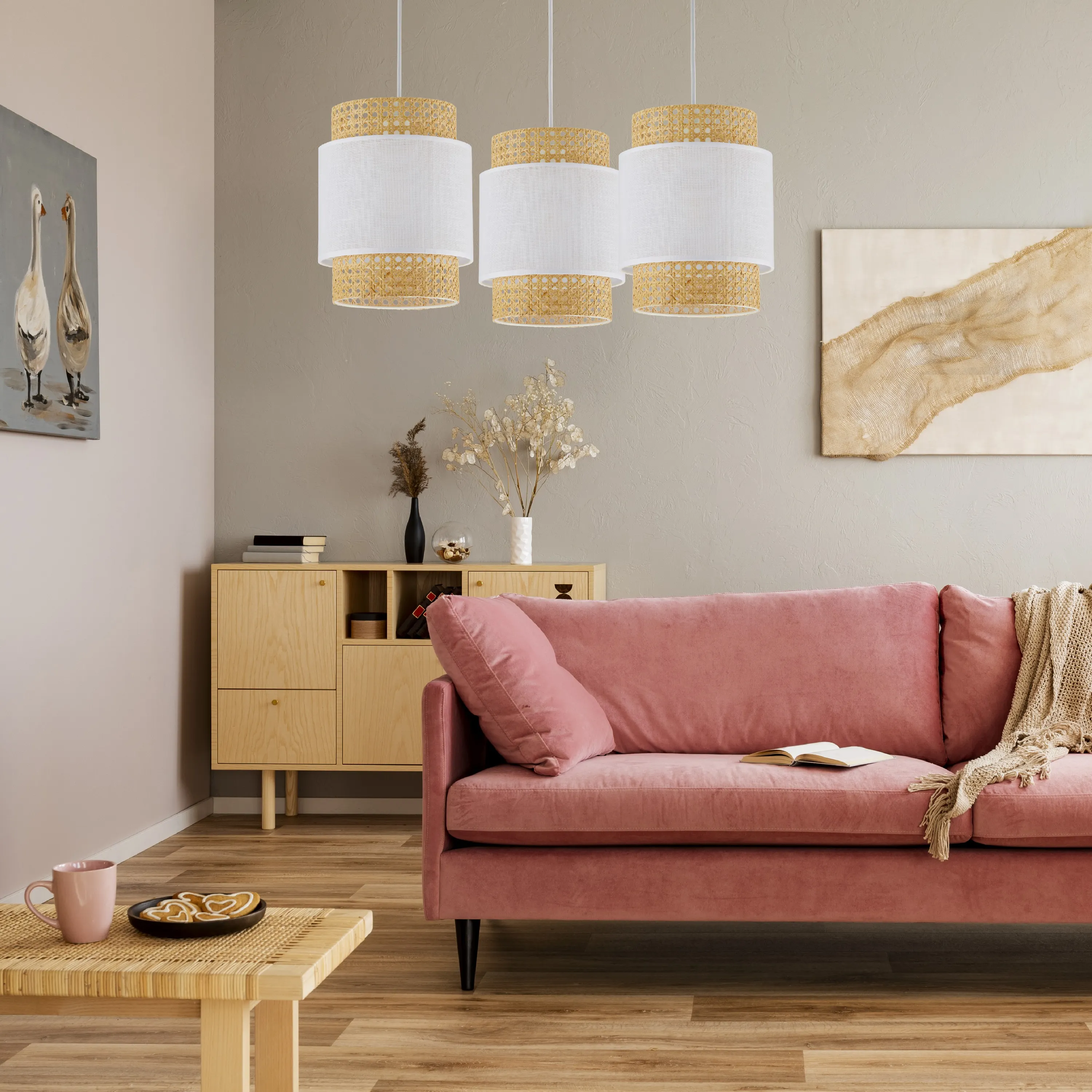 Lampa wisząca BOHO biała z brązowymi elementami z plecionki dodatkowo podwieszana 130x70cm - TK_6537