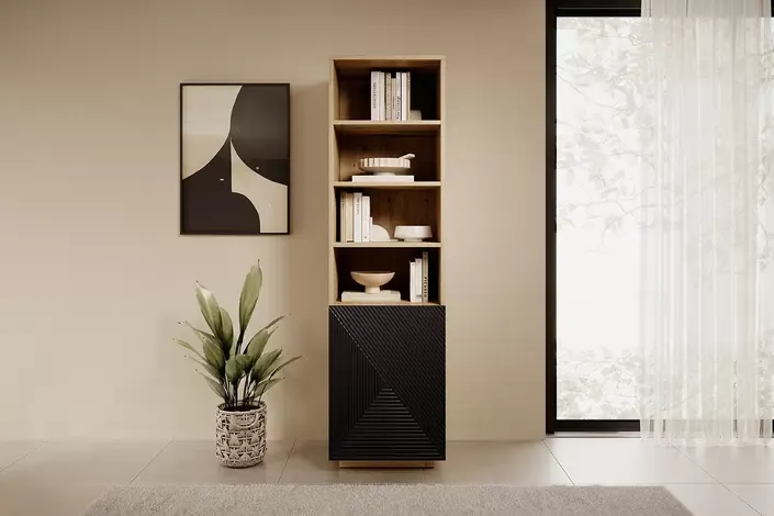 Regał ASHA 50 1D - czarny mat - dąb artisan - ryflowany front - cokół - B_149641