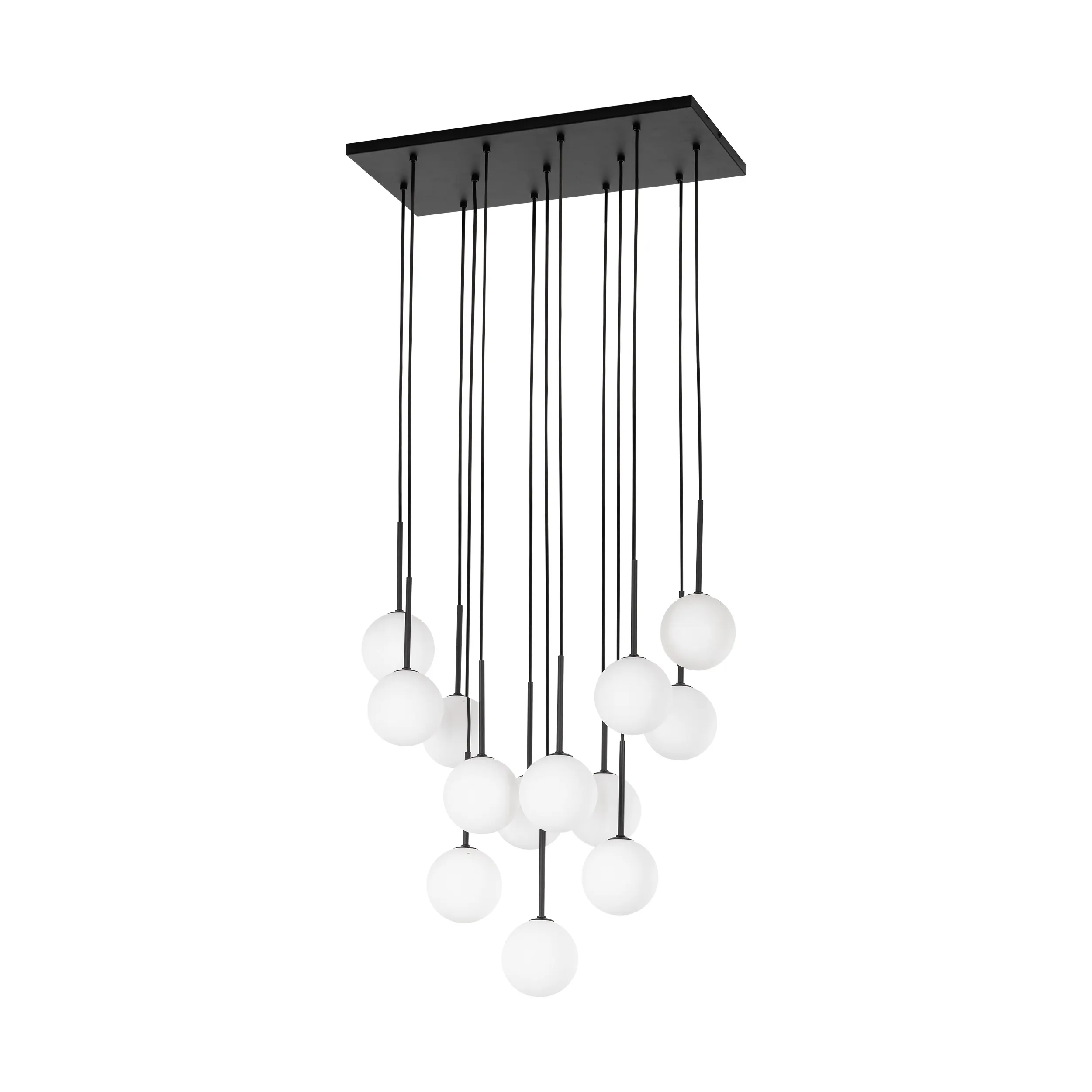 Lampa wisząca MARTIN czarna z białymi okrągłymi szklanymi kloszami 150x60x35cm