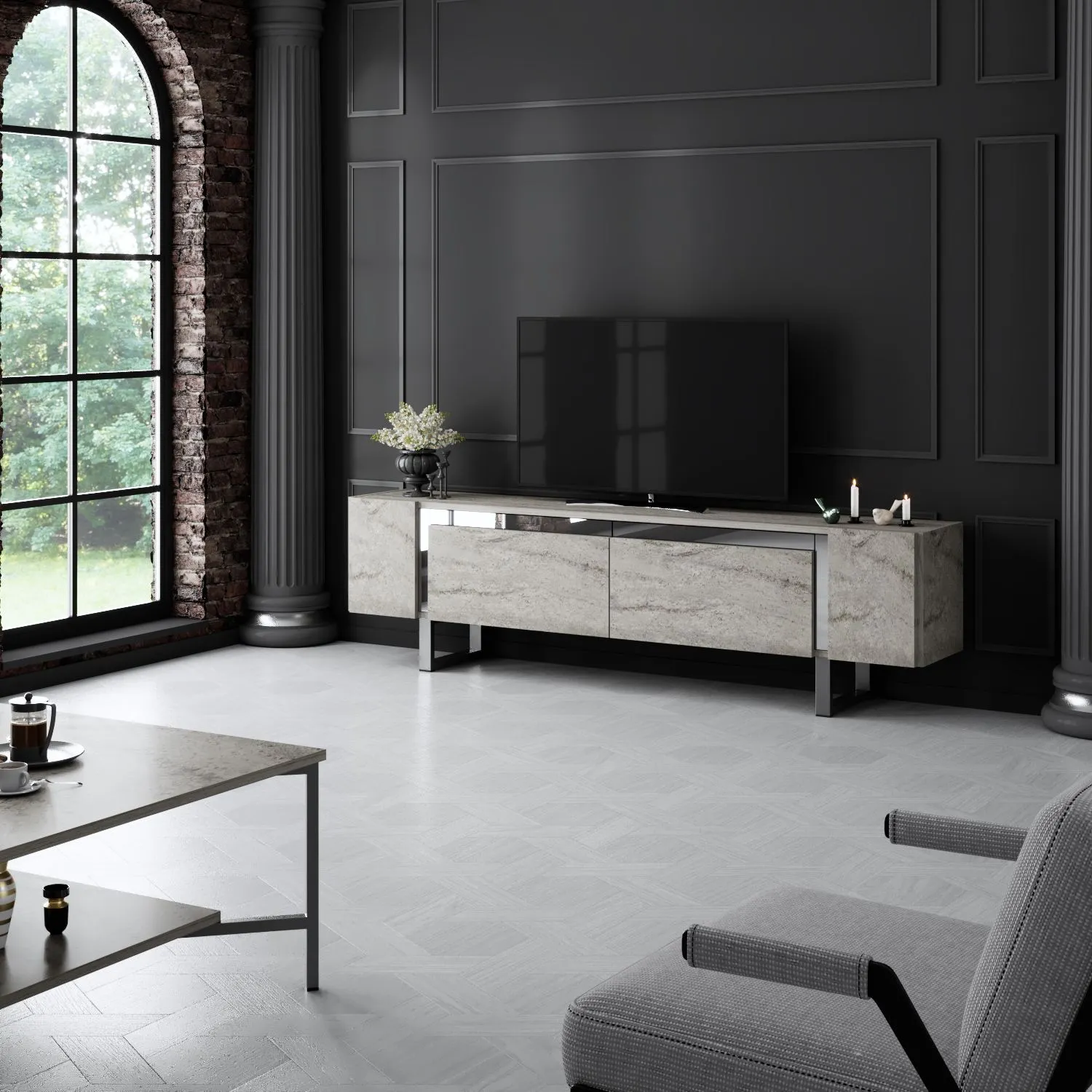 Szafka RTV z 2 klapami YILDIZ 180x30x50 cm trawertyn srebrny stelaż - ASI_618BLY1274