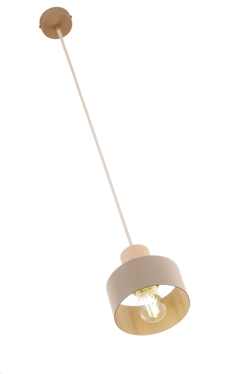 lampa wisząca, konstrukcja suspensorowa, metalowy abażur, kolor beżowy, żarówka LED/świetlówka
