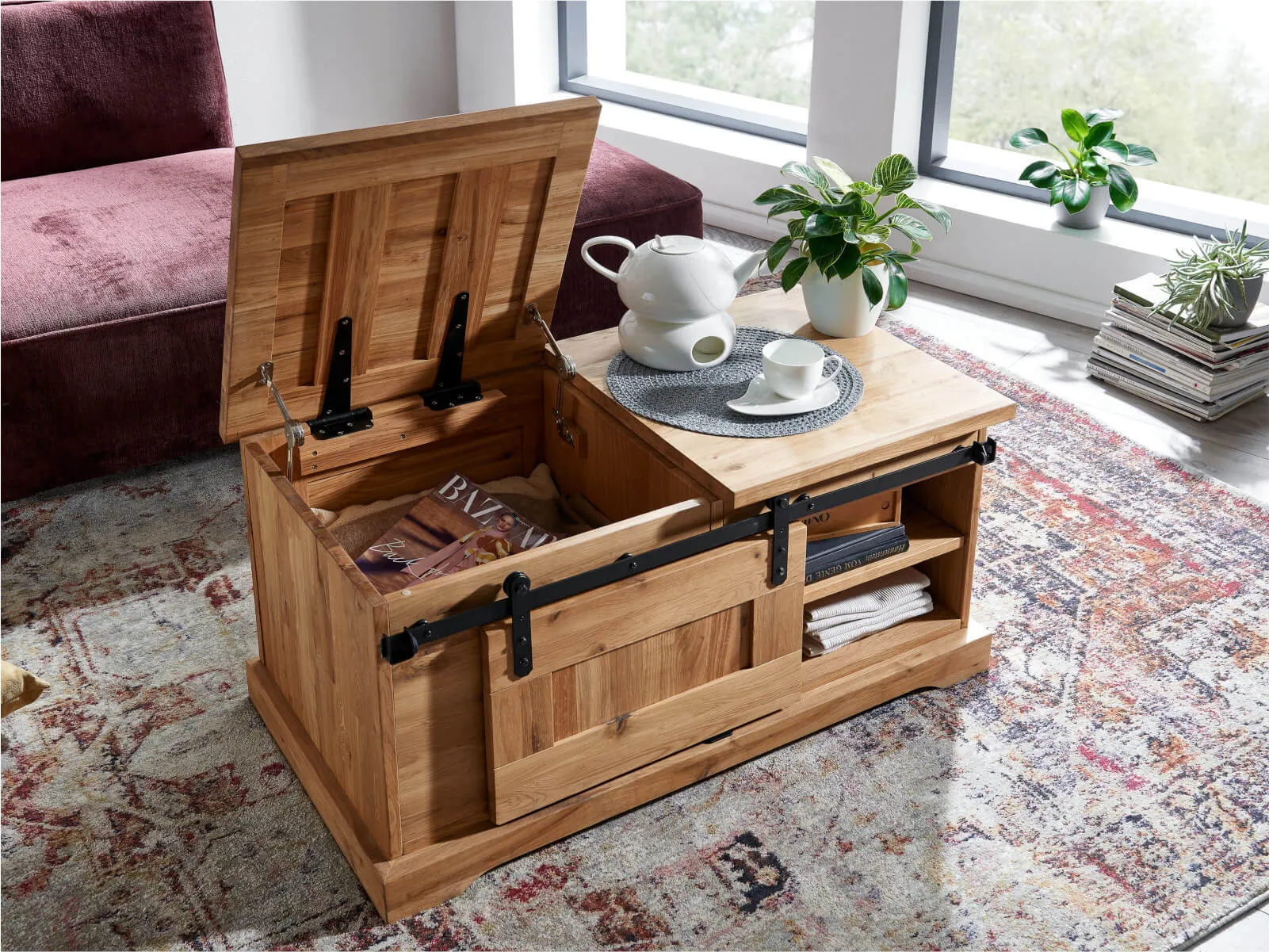 Stolik dębowy drewniany TIDY 102x47 z szafką i schowkiem dąb olejowany - GK_1034240601