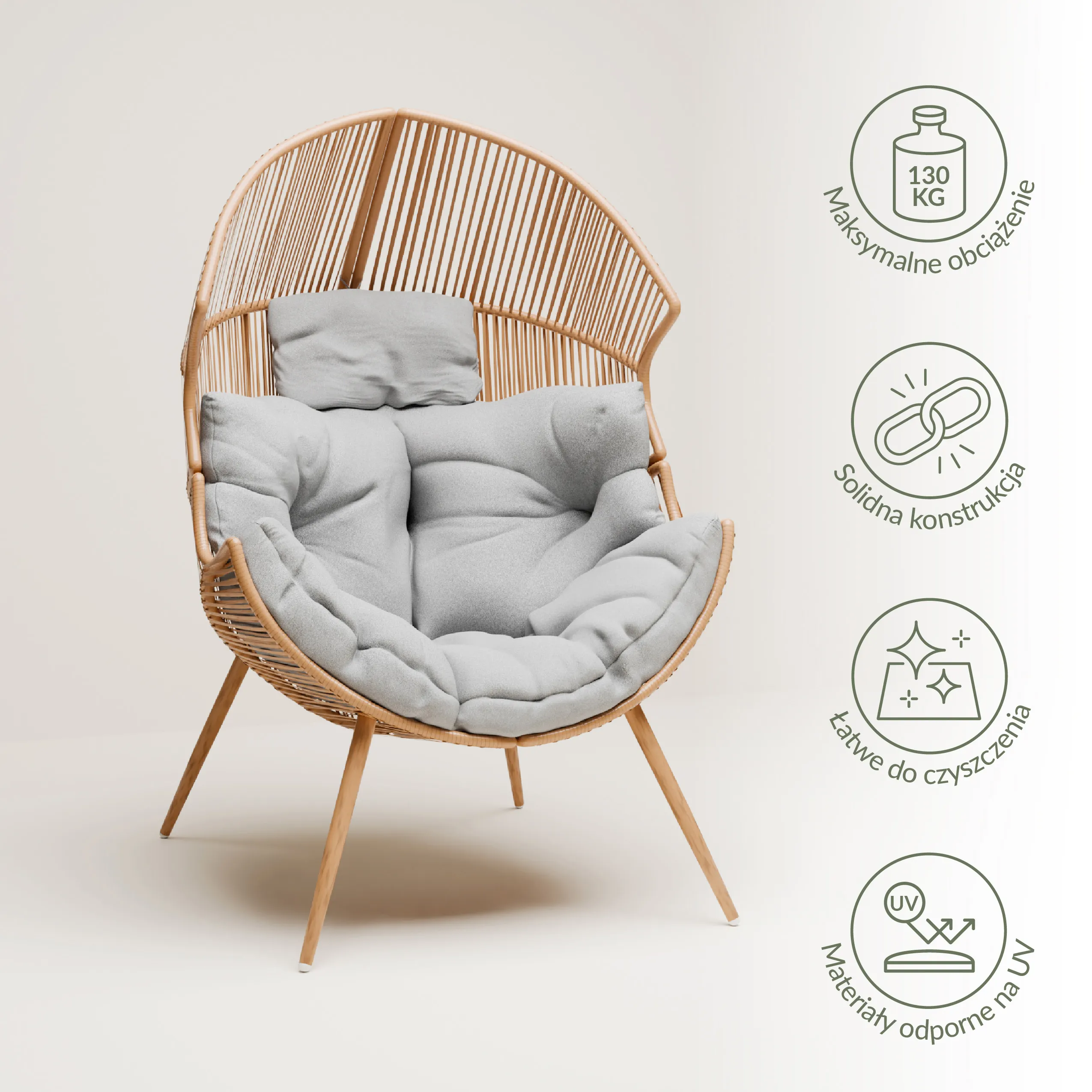 Fotel ogrodowy technorattanowy SUMMERY kokon z szarą poduszką naturalny Zenjoy — zdjęcie 15