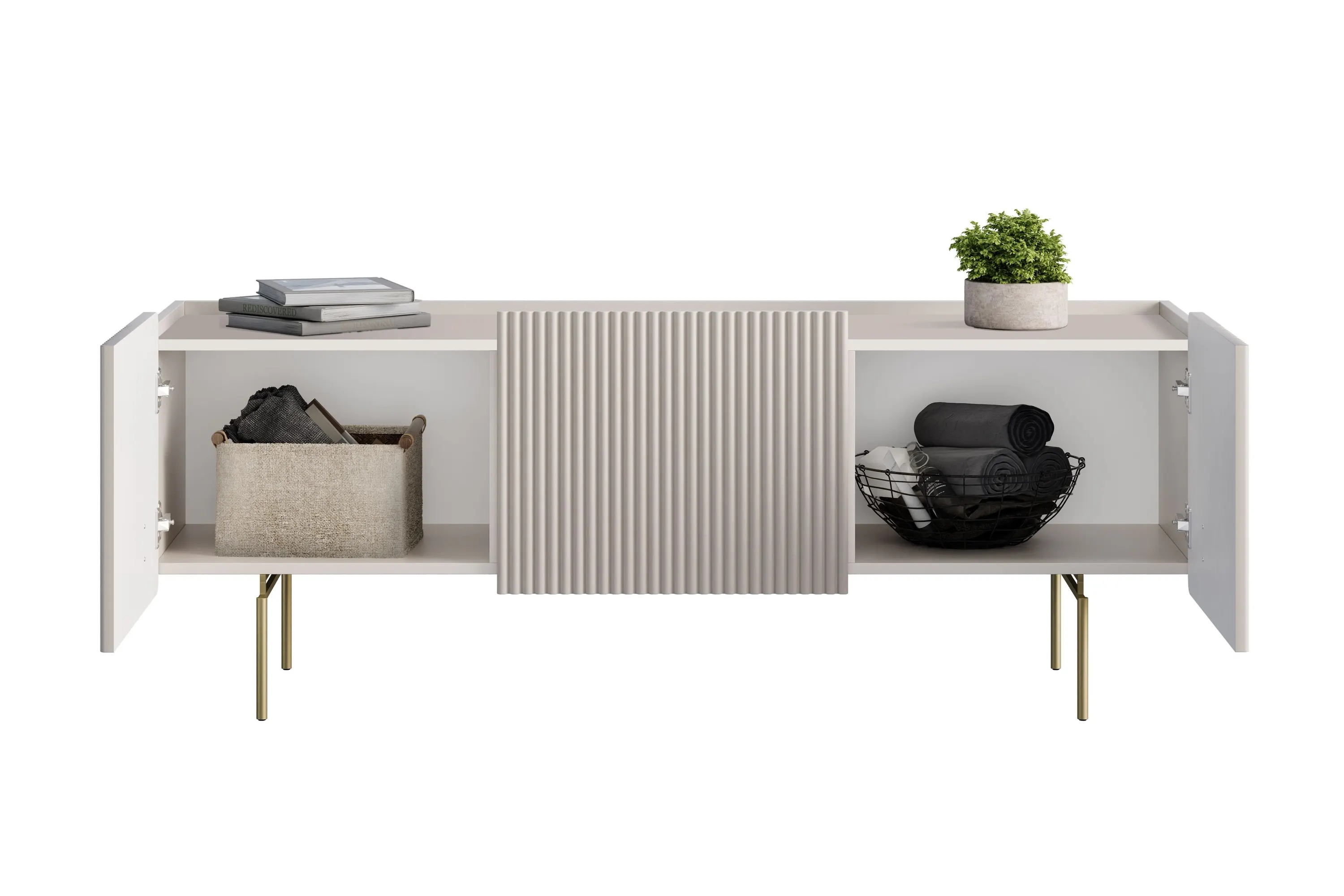 Szafka RTV 2-drzwiowa z 1 szufladą MALMI 150cm - kaszmirowa złote nogi - B_167034