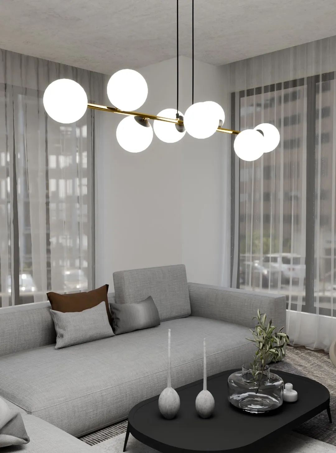 lampa sufitowa, gwiazdki geometryczne, kule świetlne, kinkiet wiszący, nowoczesny salon