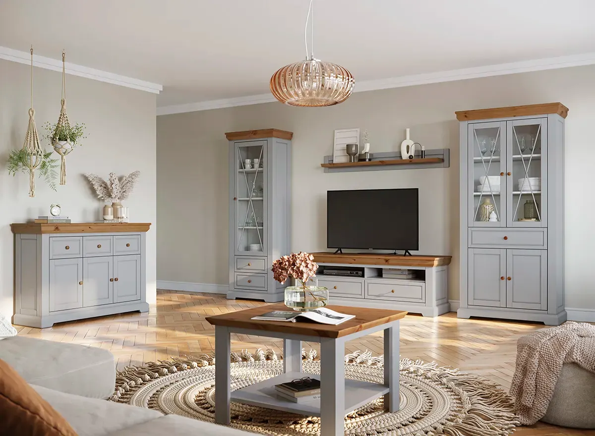 Witryna drewniana 1-drzwiowa z 2 szufladami MARONE ELITE popielaty - PLMEL01/S