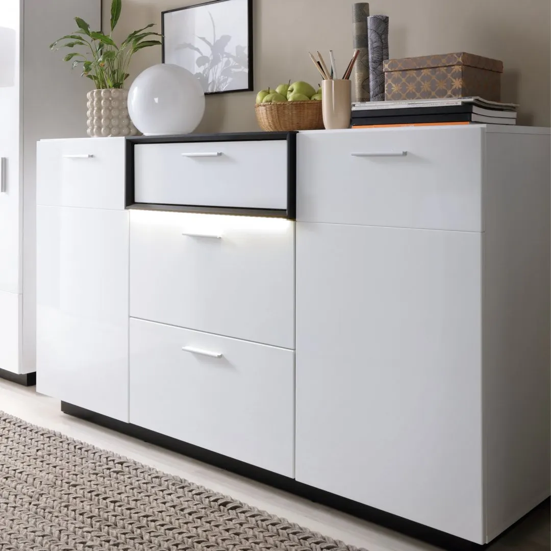 Komoda 2-drzwiowa z 3 szufladami RAVENNA RAVK02 Biały, Czarny, Biały Połysk - 6000000010627