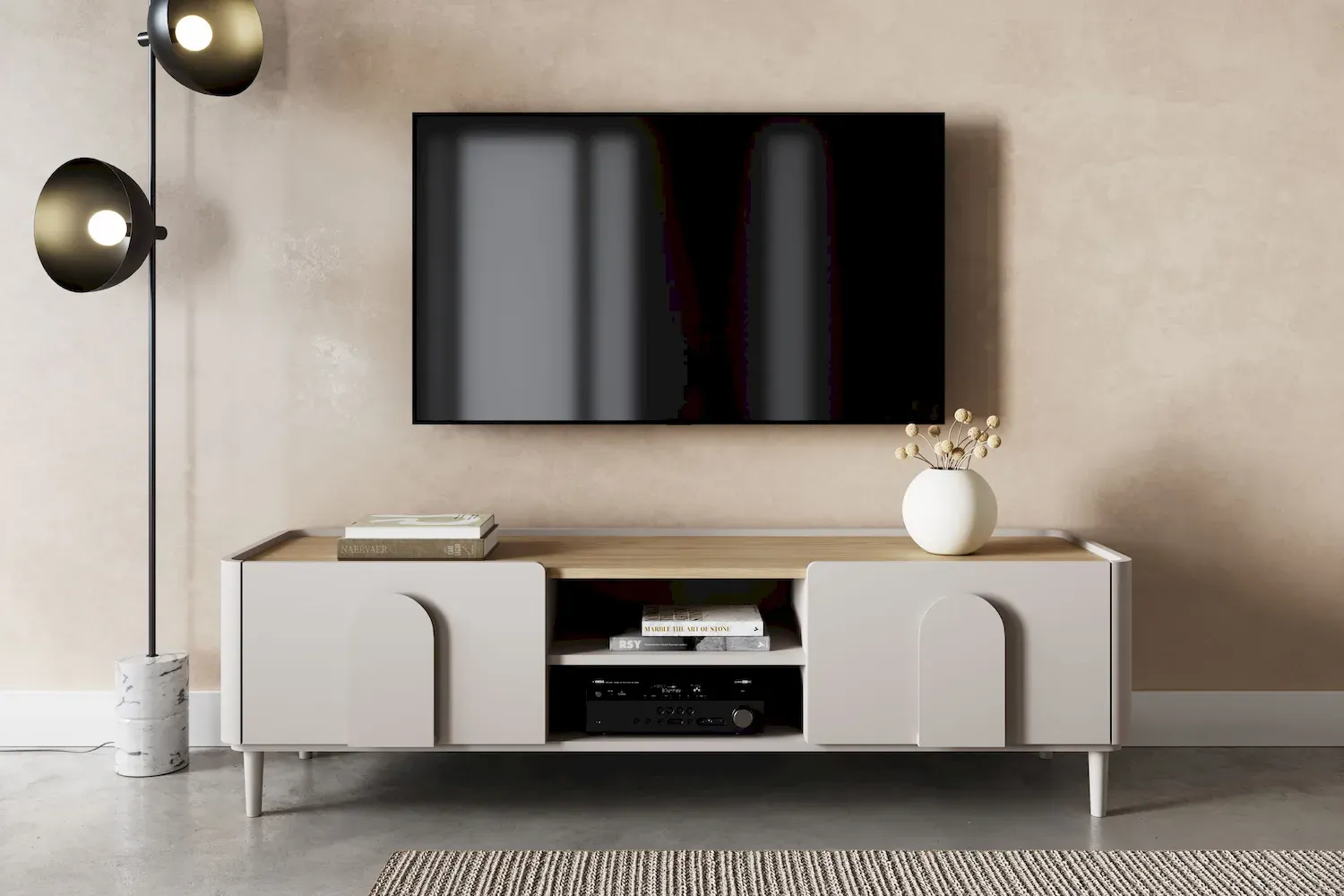 Szafka RTV z klapą i szufladą AMILIO 170 - cashmere dąb olejowany uchwyty cashmere nogi cashmere - B_169223