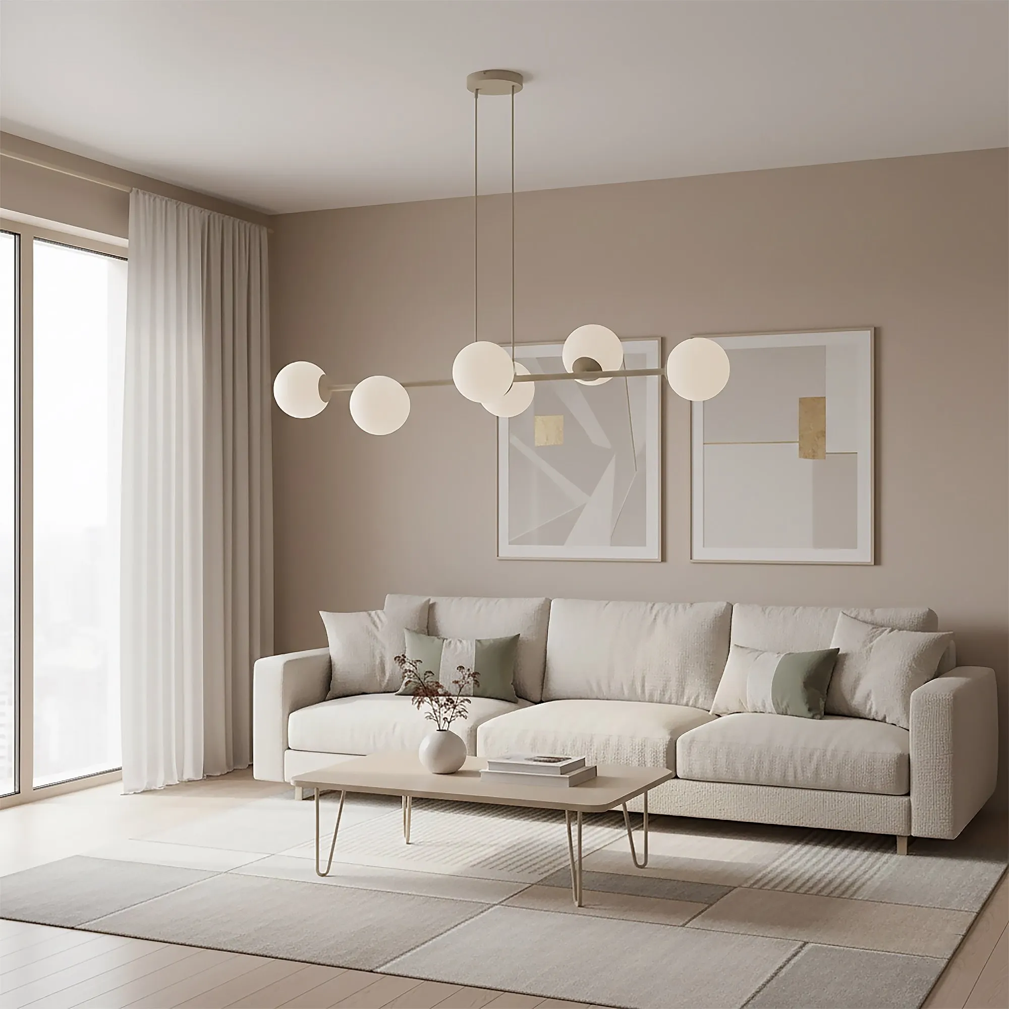 image sofa, living room, coffee table, chandelier, neutral colors