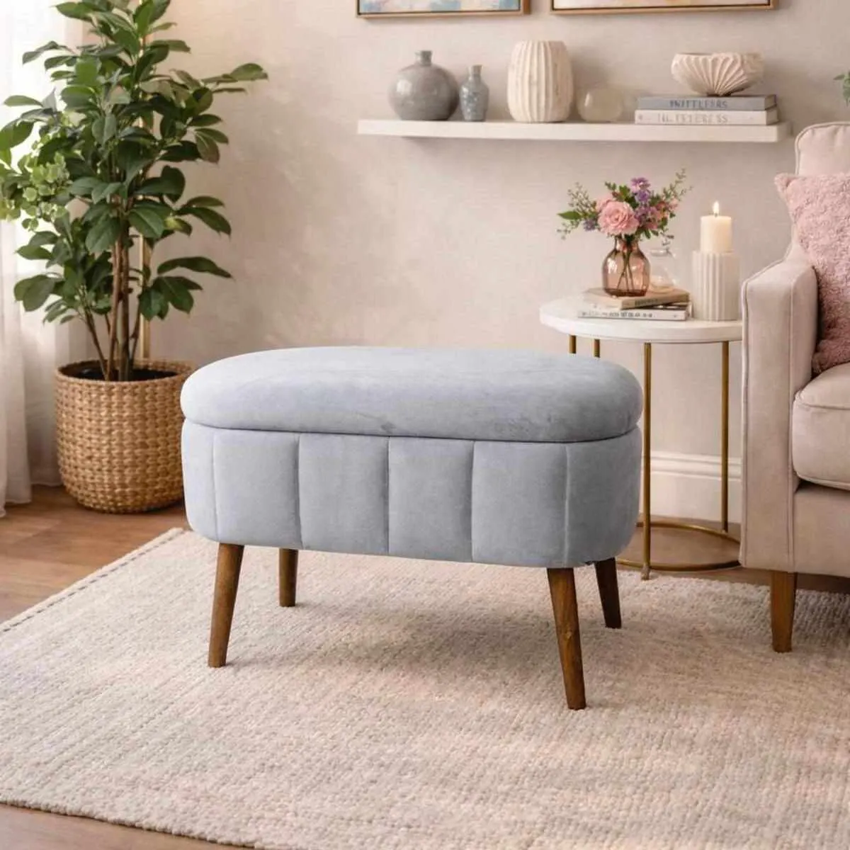 image stolik ottoman, puf, niebieski, drewniane nóżki, pokój dzienny