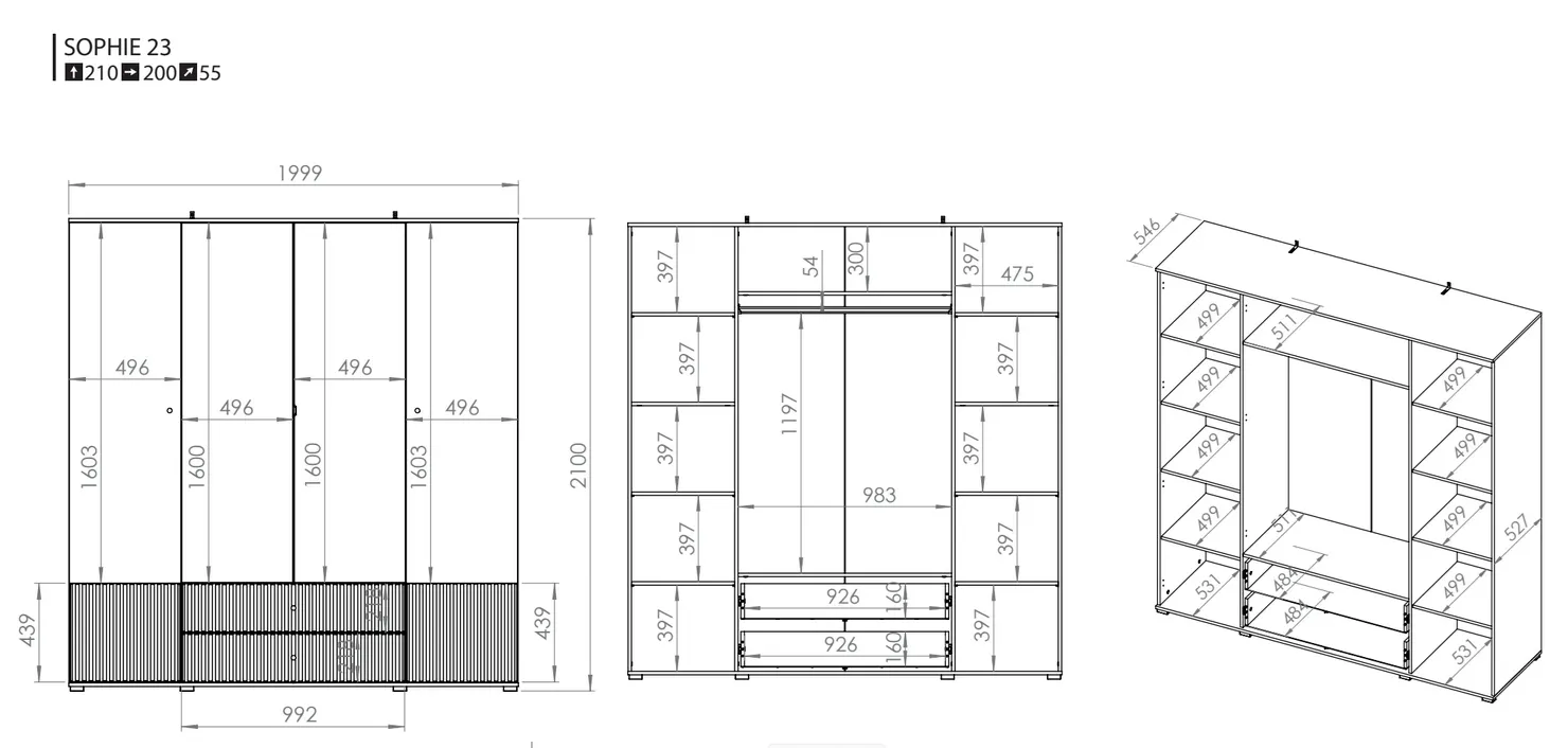 Szafa 4-drzwiowa z lustrem i szufladami SOPHIE 200x210 kaszmirowa - 1SOPH23-001