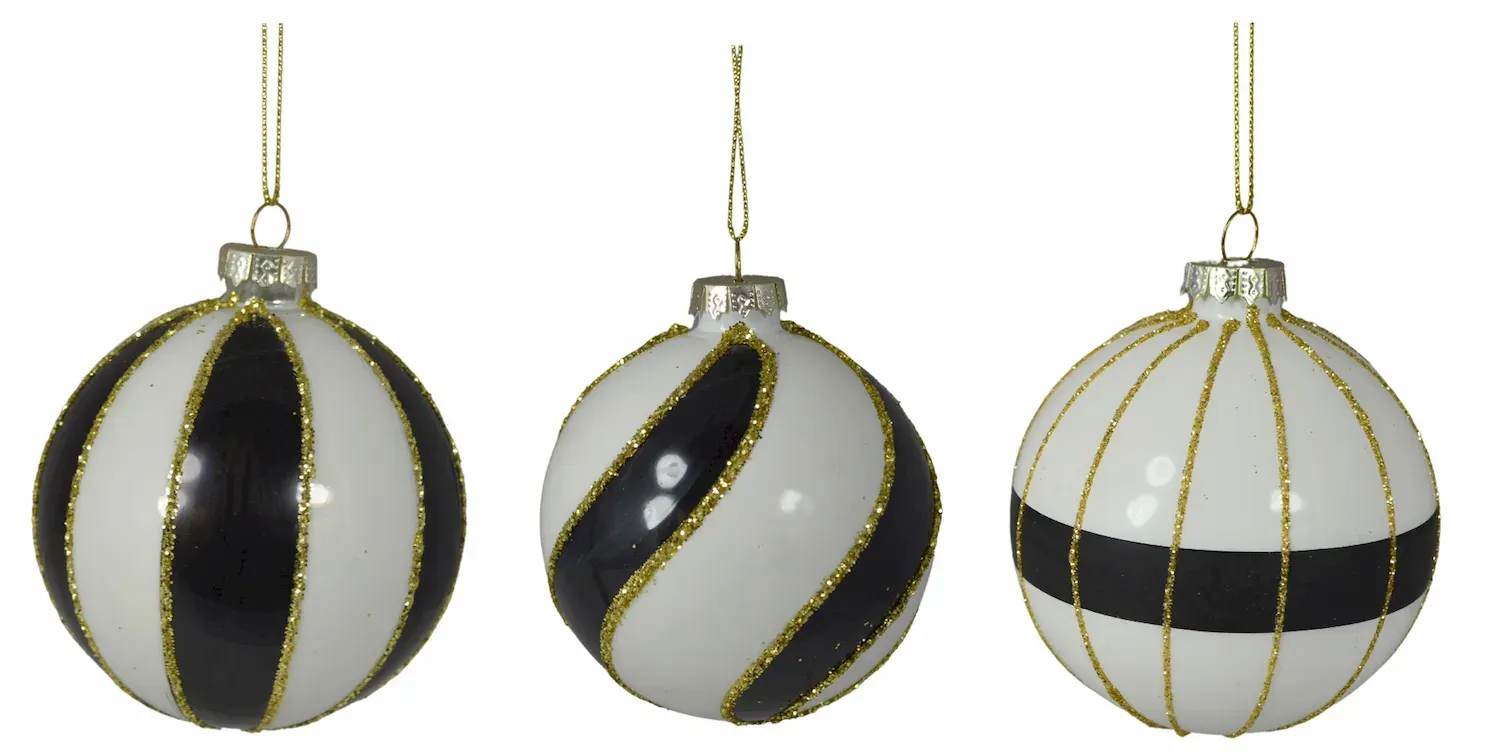 Bombki szklane 12 sztuk biało-czarno-złote