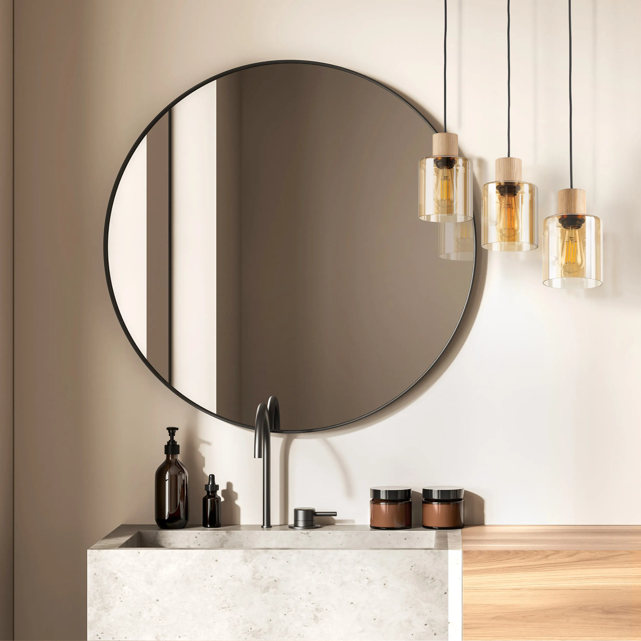 Lampa wisząca ORSON czarna z drewnianymi elementami bursztynowe szklane klosze 90x57x13cm - TK_4568