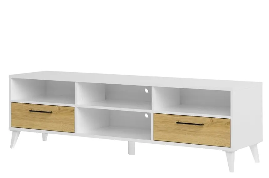 Komoda RTV otwarta z szufladami BARRIS 160 cm biała orzech