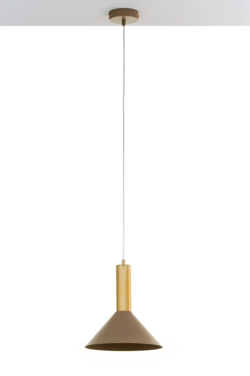 image lampa wisząca, pendant lamp, metalowy klosz, złoty kolor, drewniana oprawa