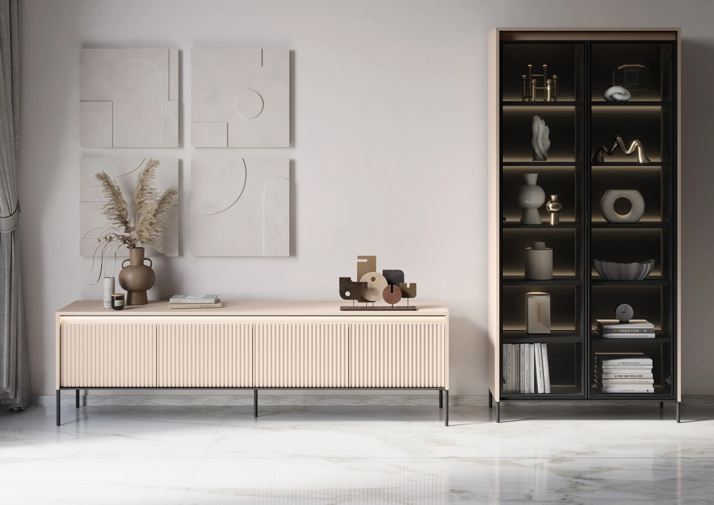 Szafka RTV z oświetleniem TREND TR-06 4D 192cm beż piaskowy/czarny - TR6BPC-V2