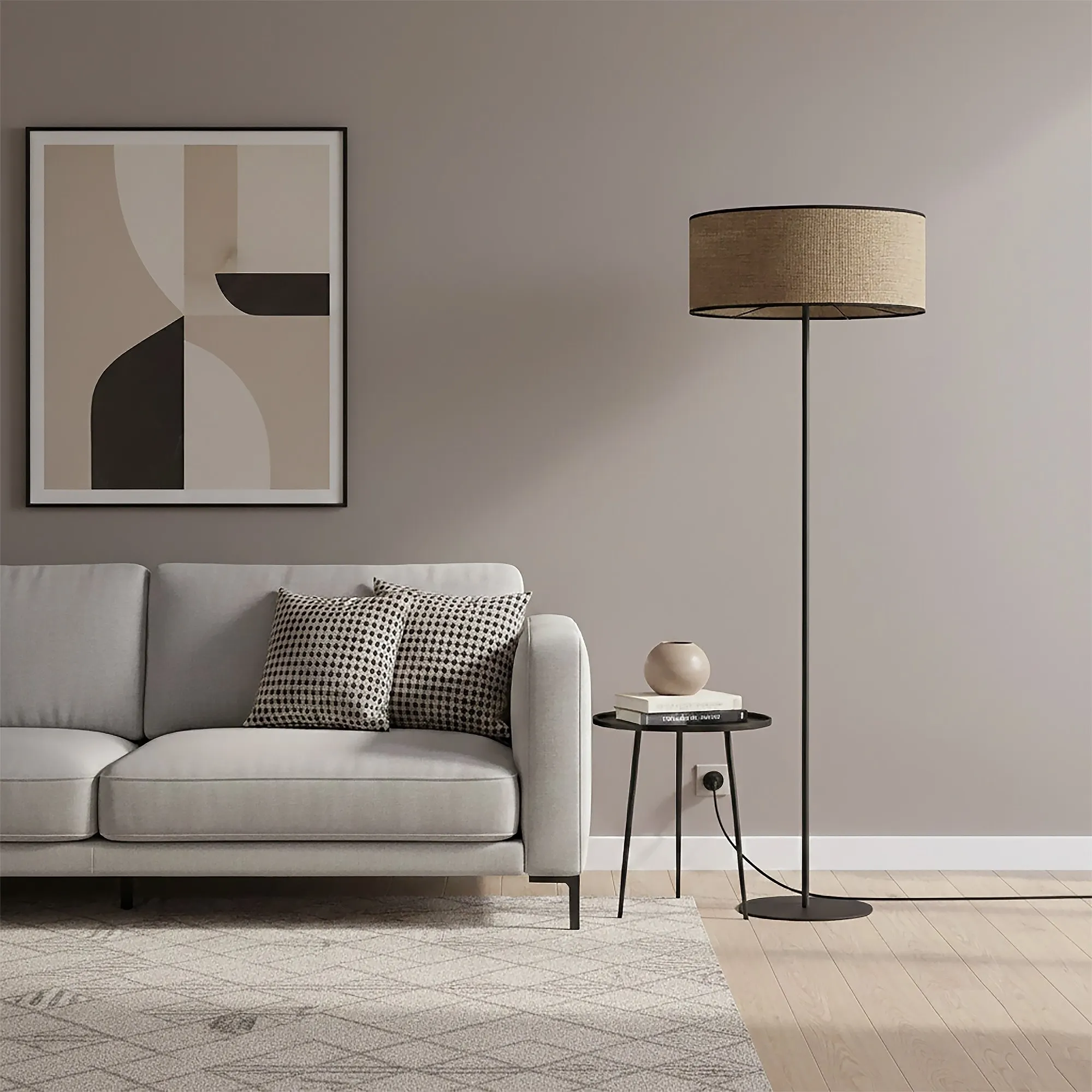 sofa, salon, lampa, lampa podłogowa, sztuka abstrakcyjna