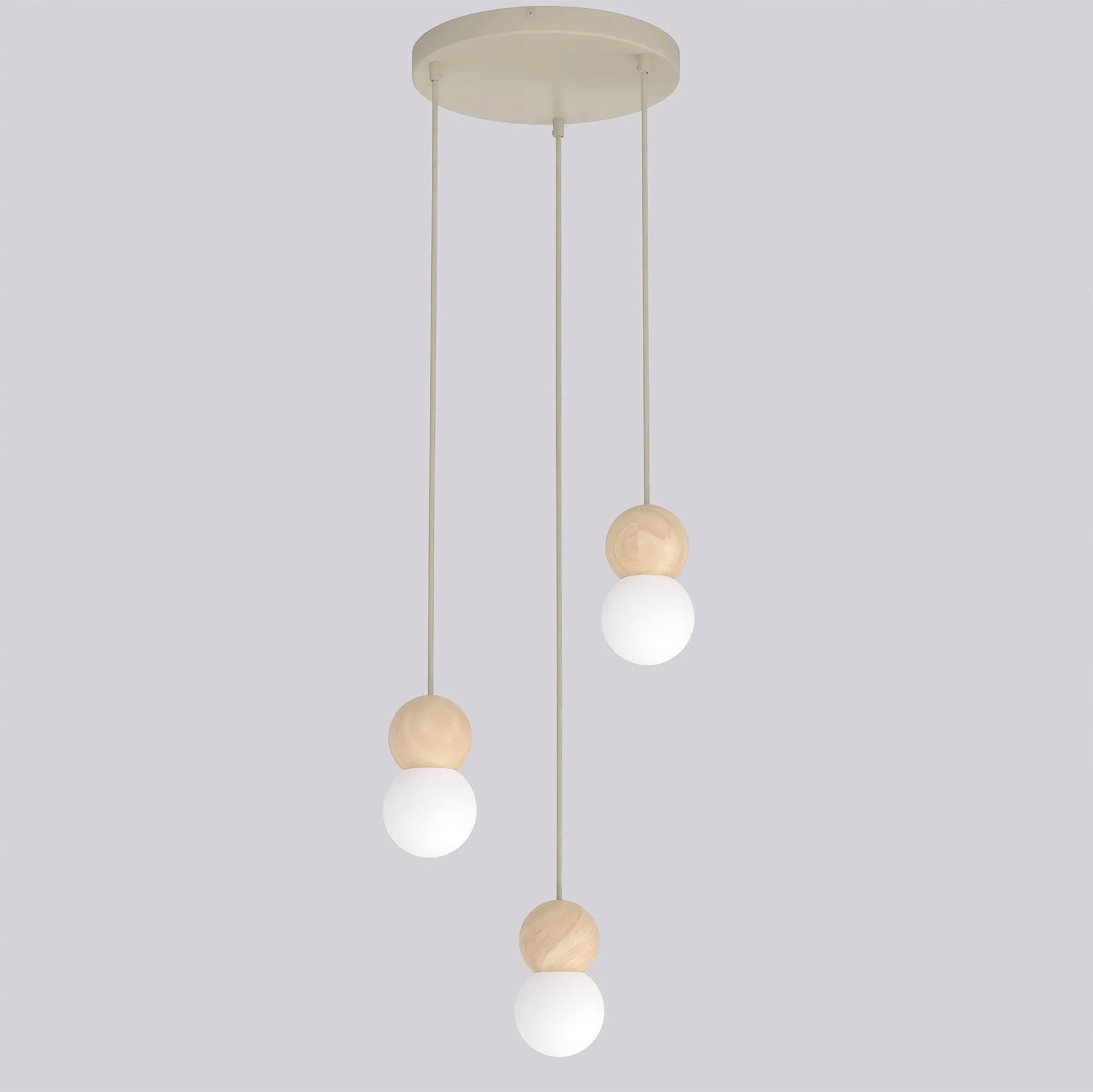 lampa wisząca, kule LED, drewniane elementy, podwójna lampa, zestaw wiszący