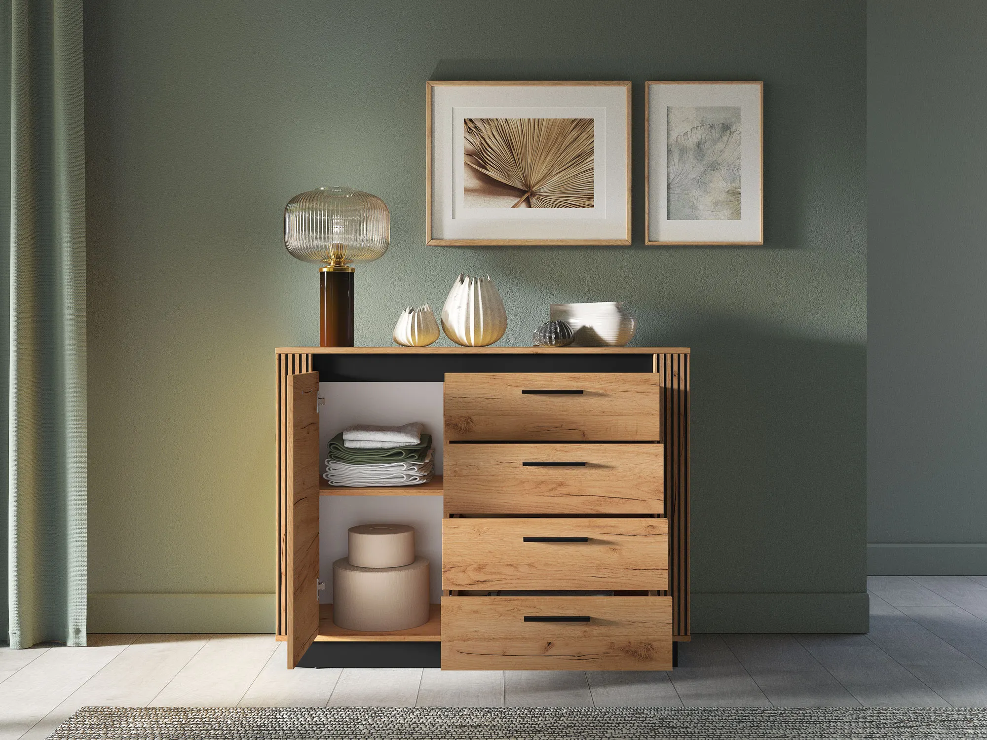 Komoda 1-drzwiowa z 4 szufladami URSO 07 craft złoty, czarny - 1URSO07-001