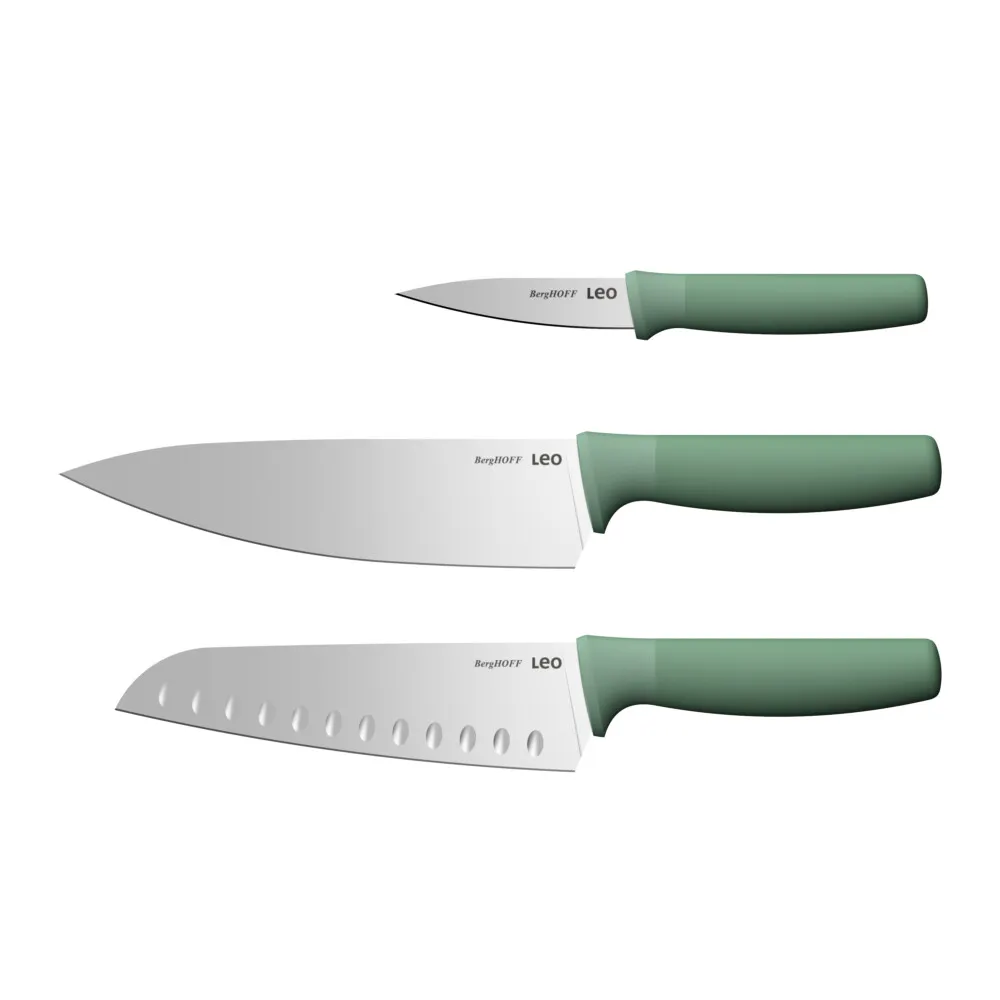 image knife, chef knife, zielony rączka, stal nierdzewna, zestaw trzech
