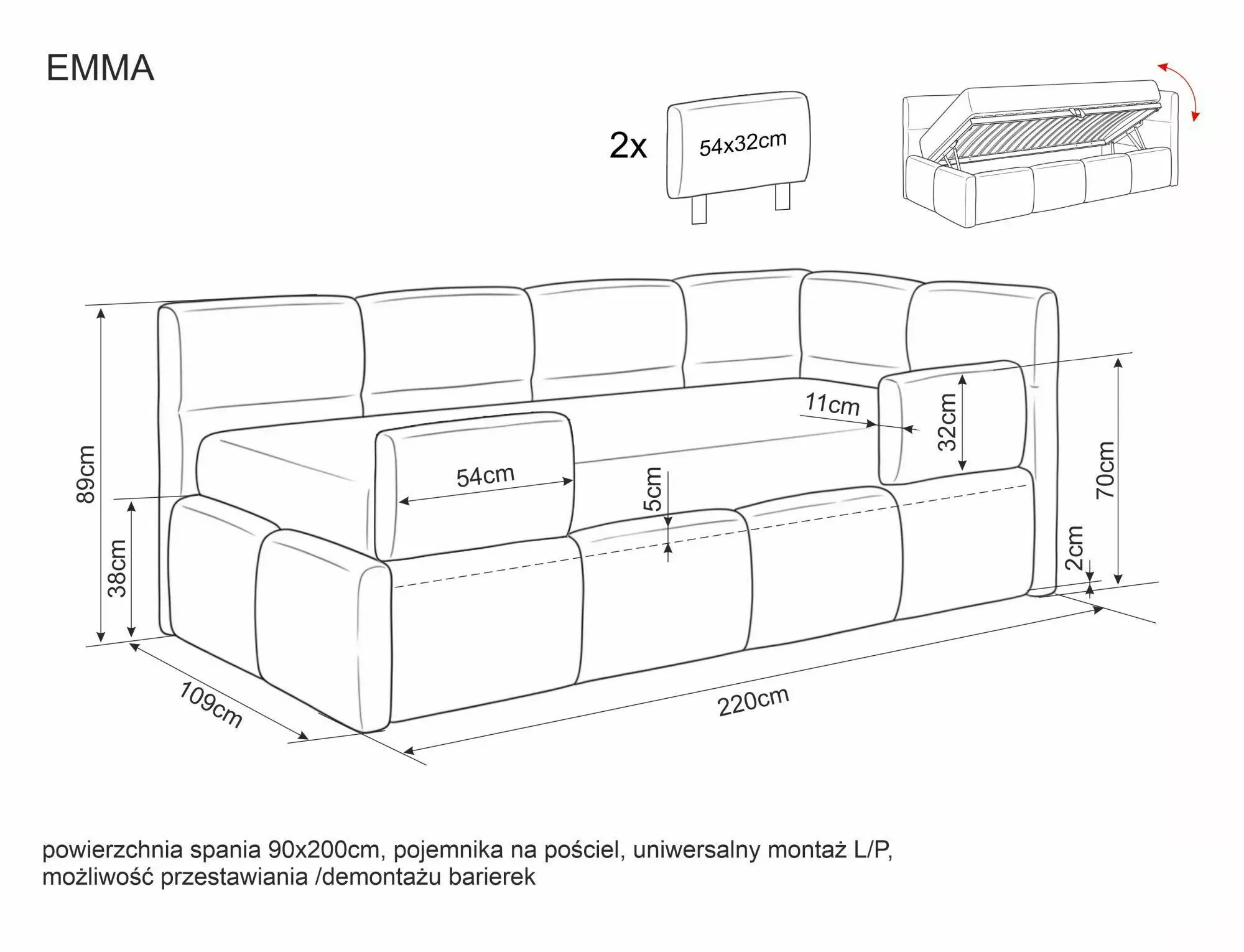 image sof sofa, rozkładana sofa, tkanina, kanały, wymiary 220x109x89cm