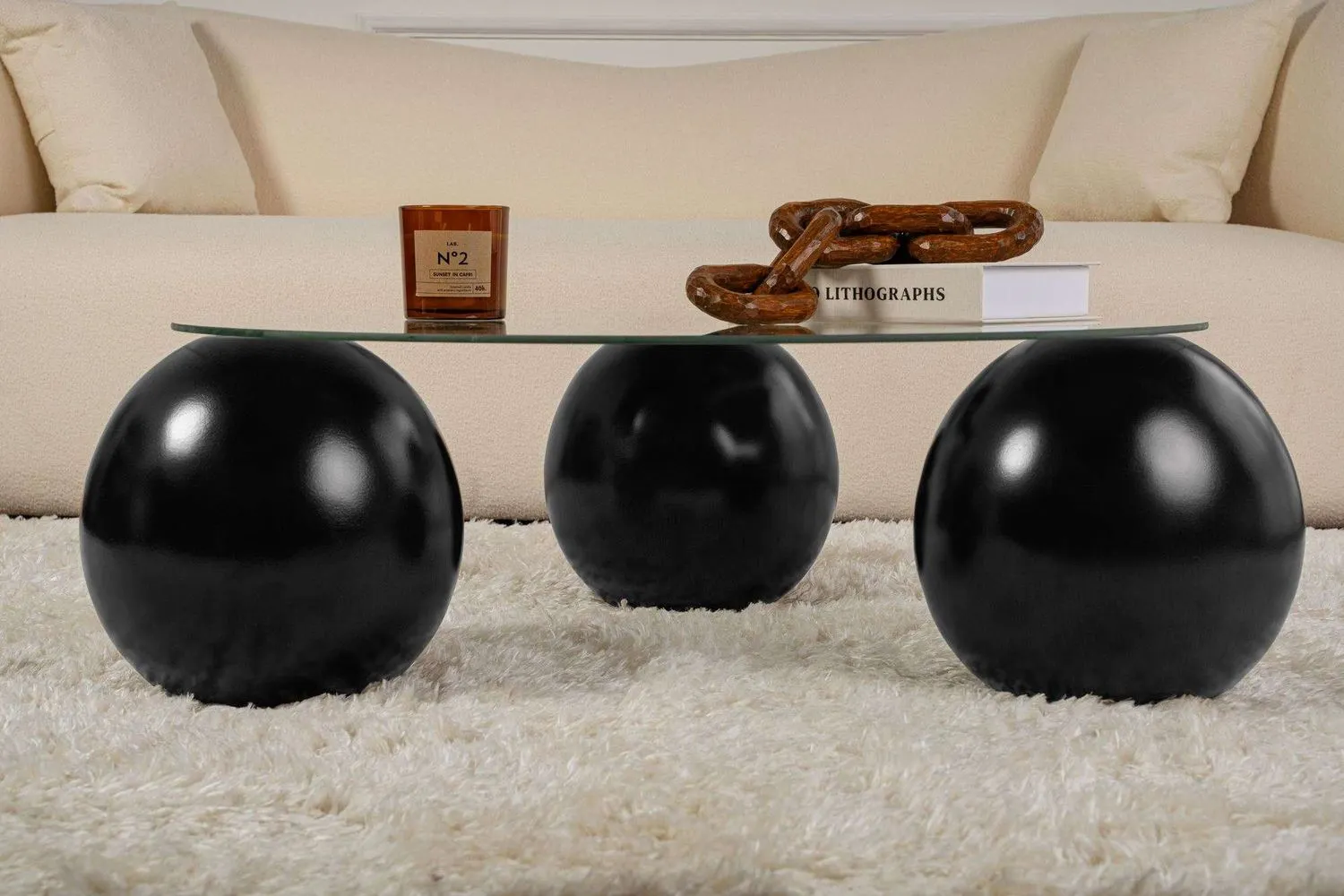 Stolik kawowy szklany okrągły MIRO 85 cm kuliste czarne nogi blat transparentny - ASI_857NRD1113