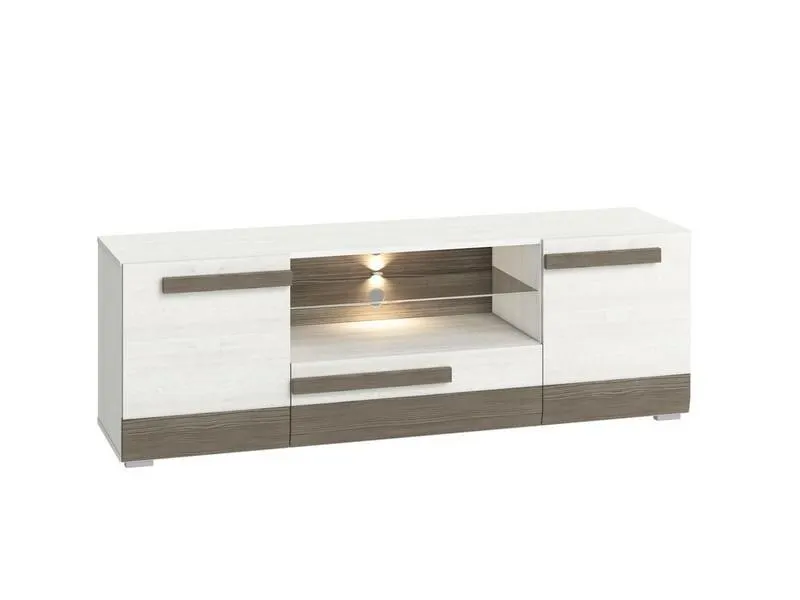 Szafka RTV 2-drzwiowa ze szklaną półką i szufladą Blanco 09 sosna śnieżna 165 cm Szafka RTV 2-drzwiowa ze szklaną półką i szufladą Blanco 09 sosna śnieżna 165 cm