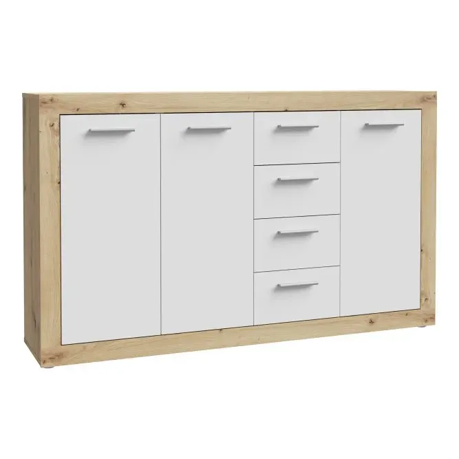 Komoda 3-drzwiowa z 4 szufladami BACCIO 152 cm Dąb Artisan biały