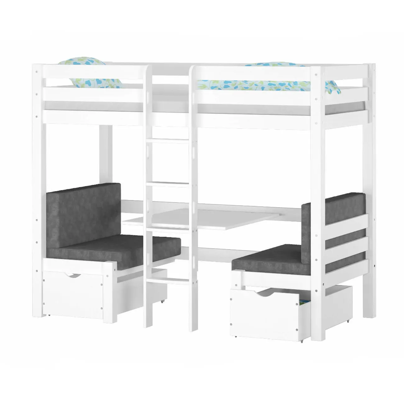 Łóżko drewniane piętrowe DOUBLE ze stelażem i siedziskiem białe