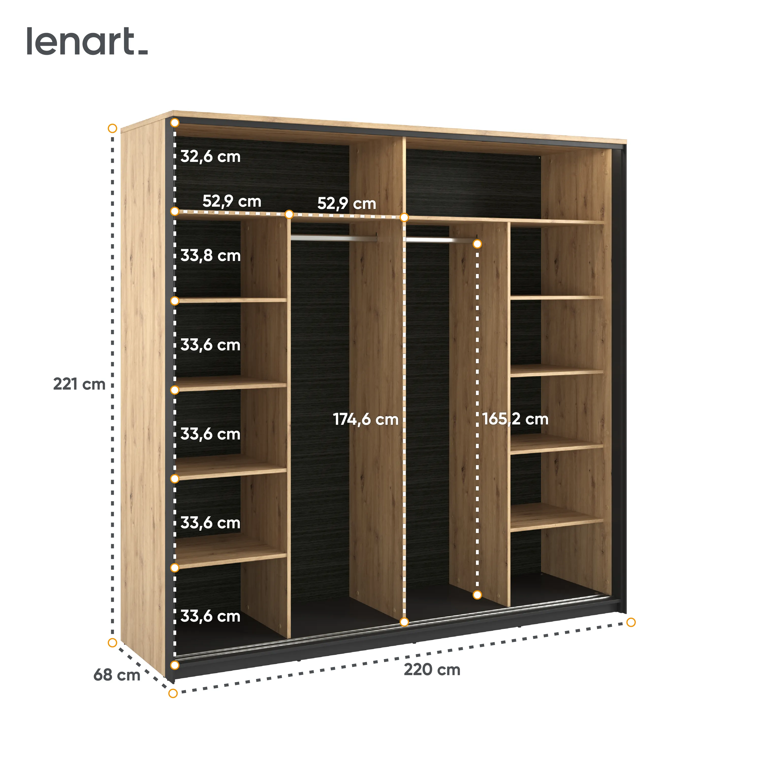 Szafa 2-drzwiowa z lustrem LED Quant QS-01 220cm dąb artisan/czarny - QS1DAC