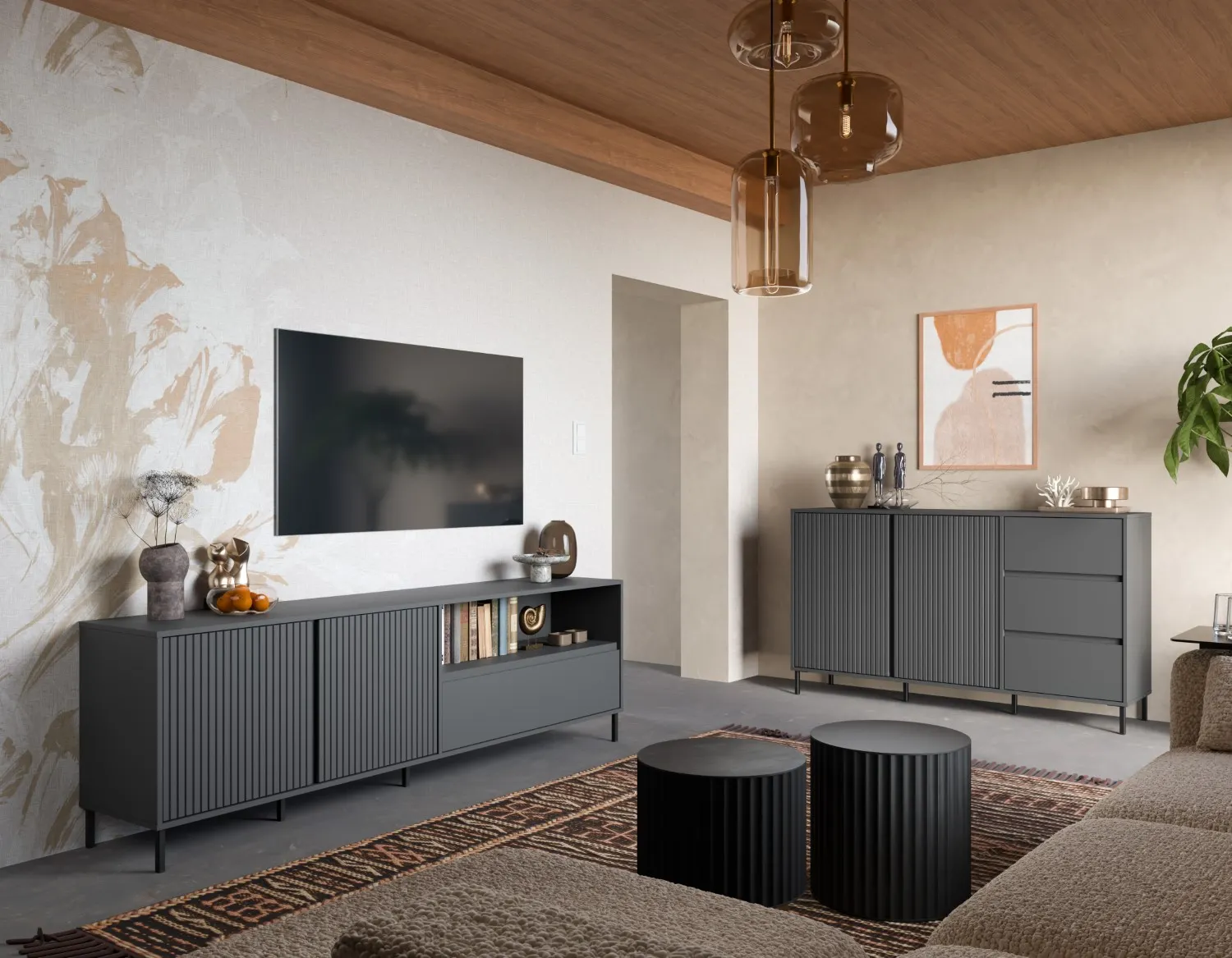 Komoda 2-drzwiowa z szufladami wysoka AVENALE 105x117 antracyt - 6000000022075