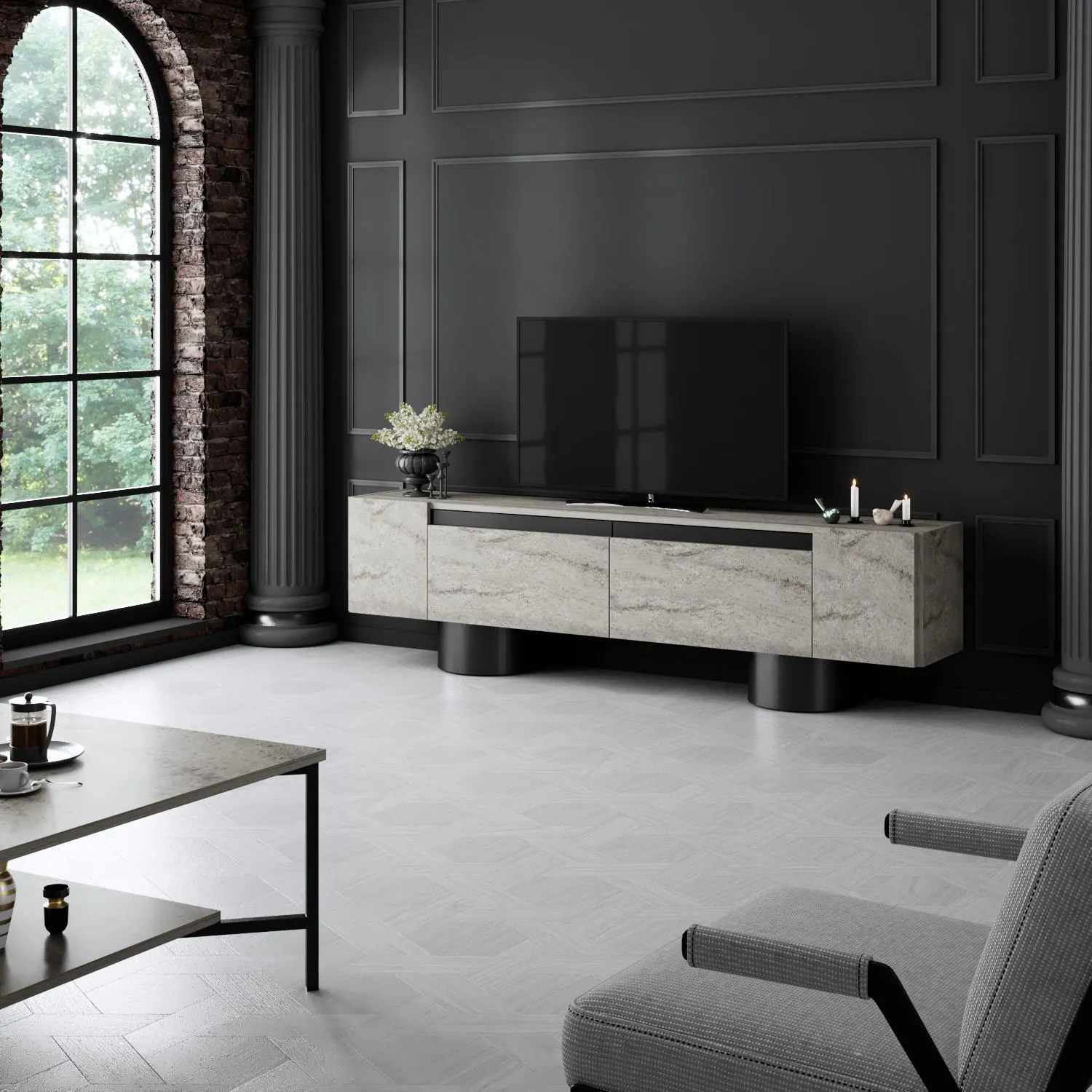 Szafka RTV z 2 klapami na blaszanych nogach BOHEM 180x50x30 cm trawertyn czarny stelaż - ASI_618BLY1268