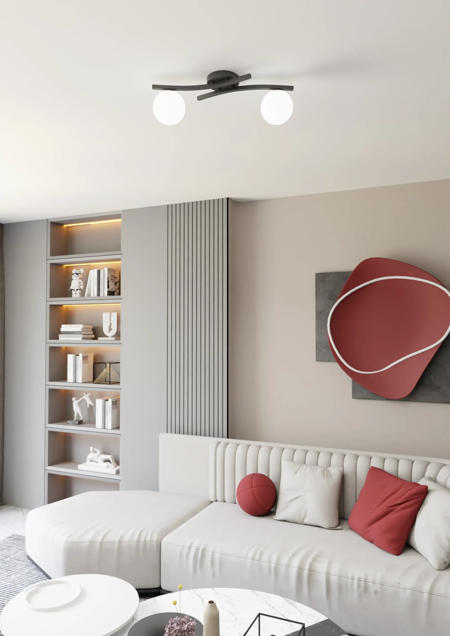 image kinkiet, lampa sufitowa, biały mebel, sofa modułowa, dekor ścienny